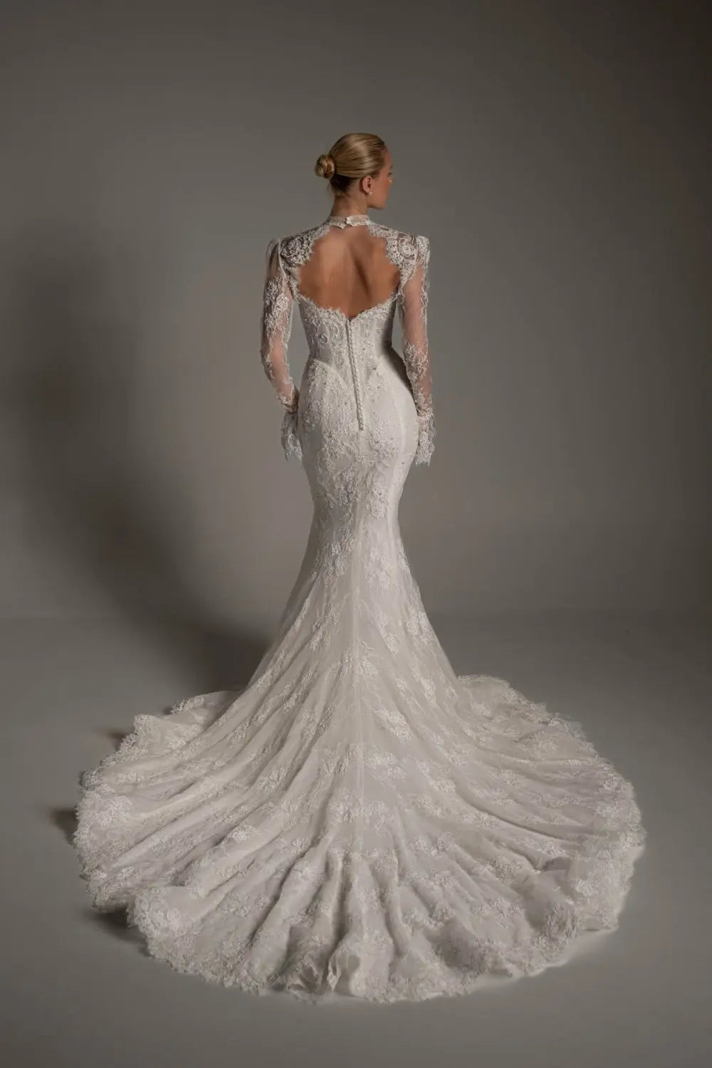 White Lace High Neck Long Sleeve Mermaid Wedding Dress SW164 Sheer Fairy