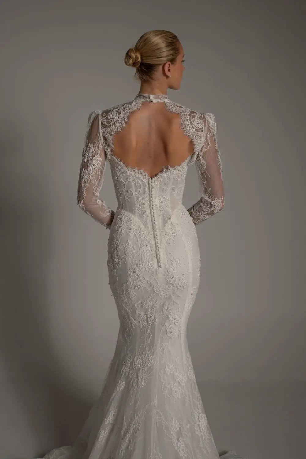 White Lace High Neck Long Sleeve Mermaid Wedding Dress SW164 Sheer Fairy