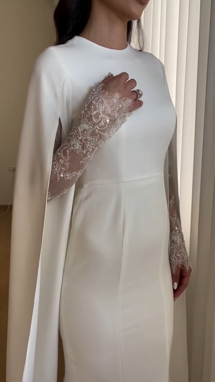 Ivory Minimalist Modest Mermaid Beaded Satin Wedding Dress  Sweep Train SW513 Sheer Fairy