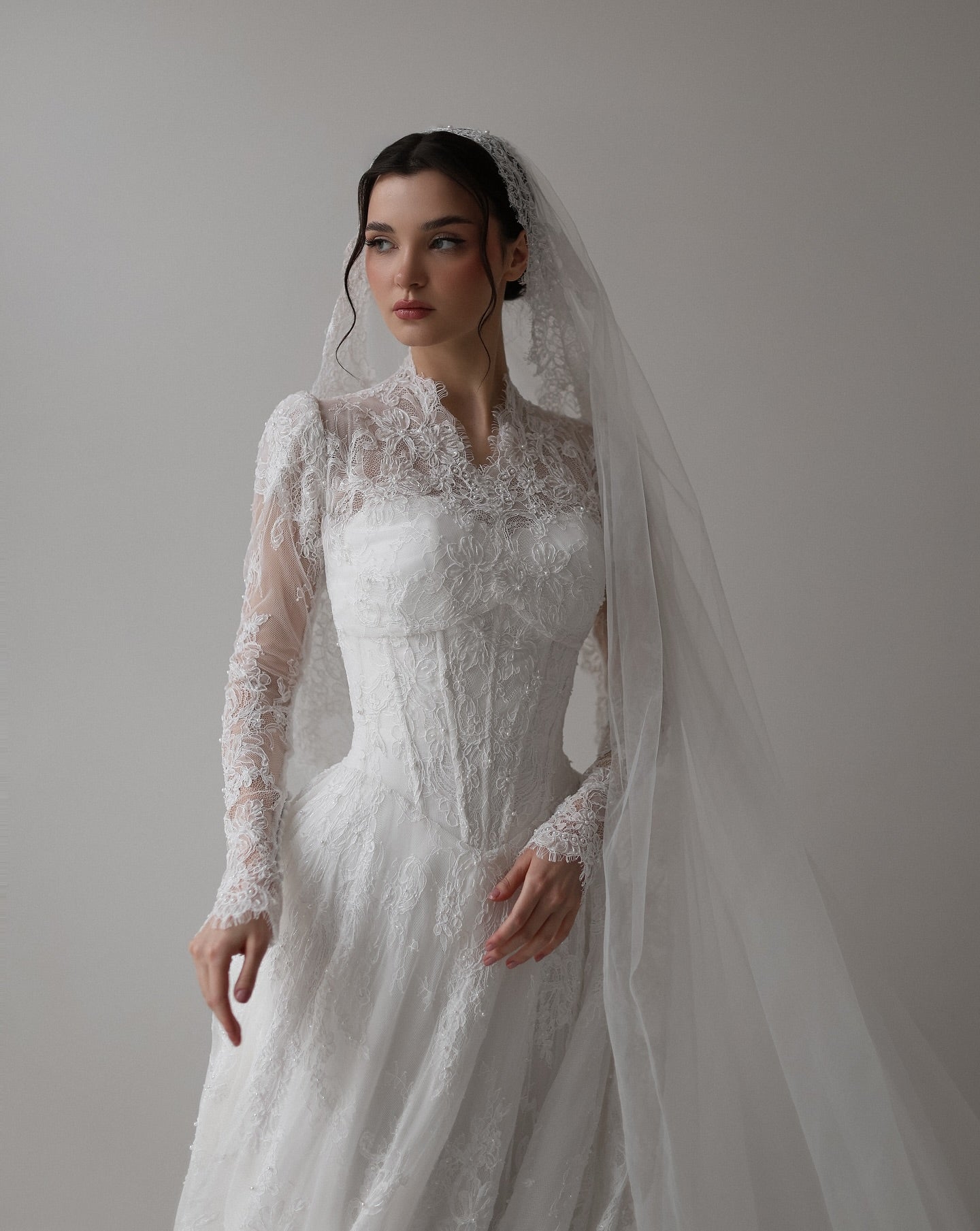 Vintage Long Sleeve Lace Wedding Dress with Veil SW273 Sheer Fairy