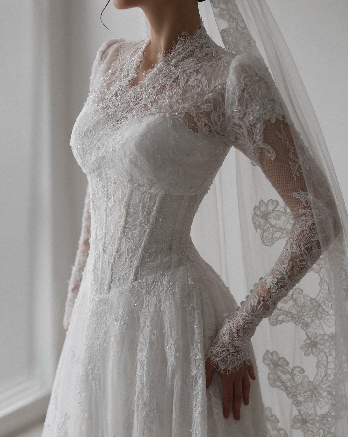 Vintage Long Sleeve Lace Wedding Dress with Veil SW273 Sheer Fairy