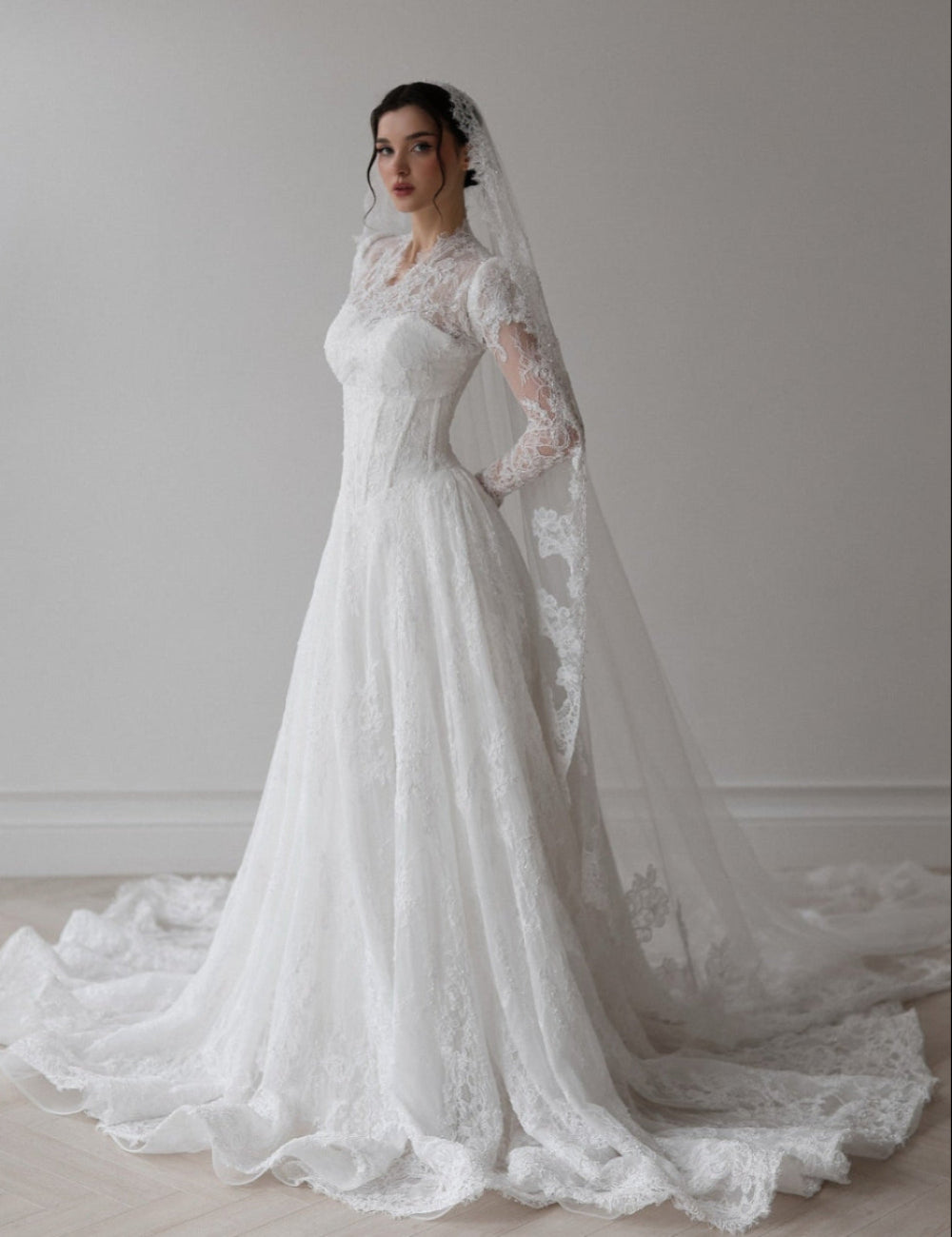 Vintage Long Sleeve Lace Wedding Dress with Veil SW273 Sheer Fairy