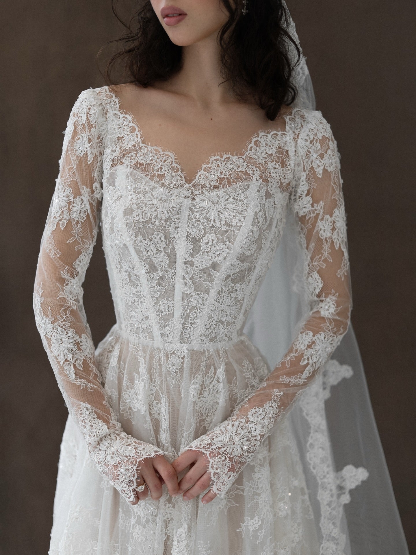 Long Sleeve V Neck Elegant Lace Wedding Dress with Veil  SW276 Sheer Fairy