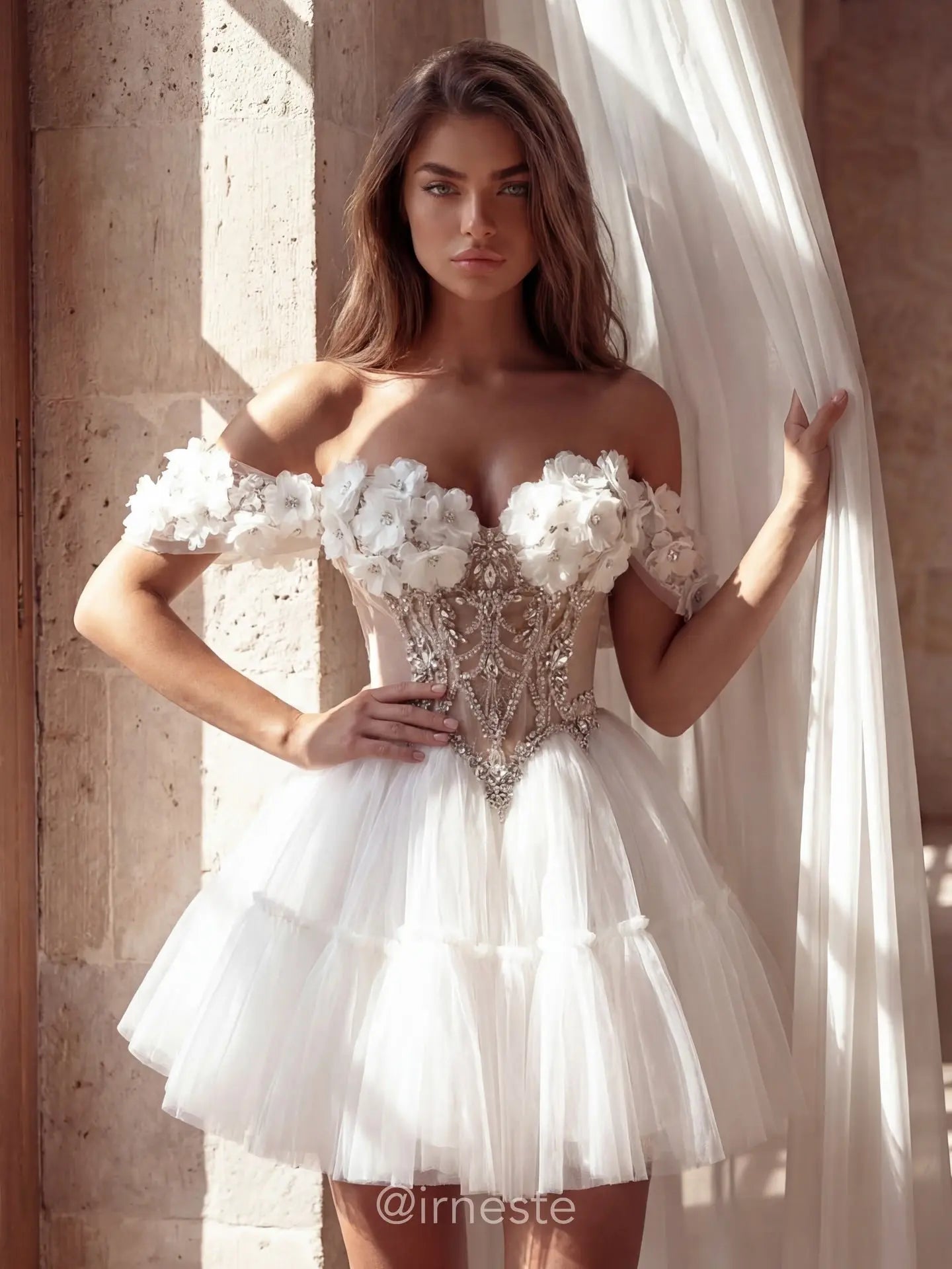 Off Shoulder 3D Floral Beaded Corset Tulle Mini short Wedding Dress SW238 Sheer Fairy