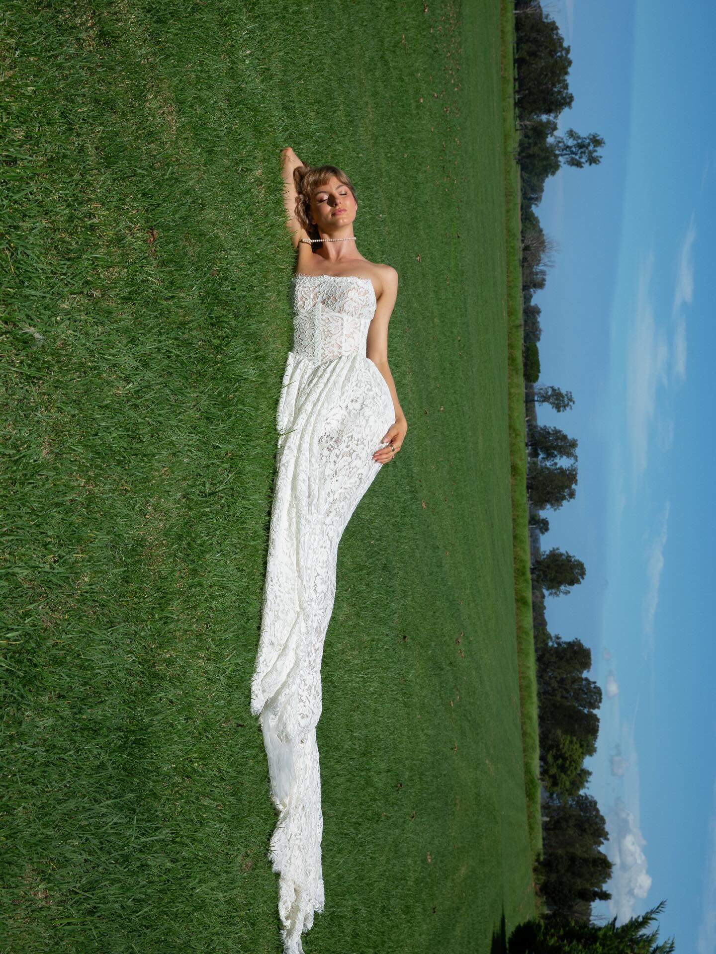 Glamorous Off White All Over Lace Strapless Floor Sweep Train Wedding Dress SW727 Sheer Fairy