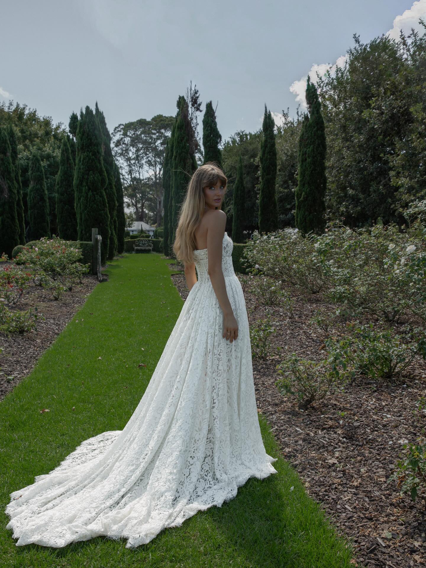 Glamorous Off White All Over Lace Strapless Floor Sweep Train Wedding Dress SW727 Sheer Fairy