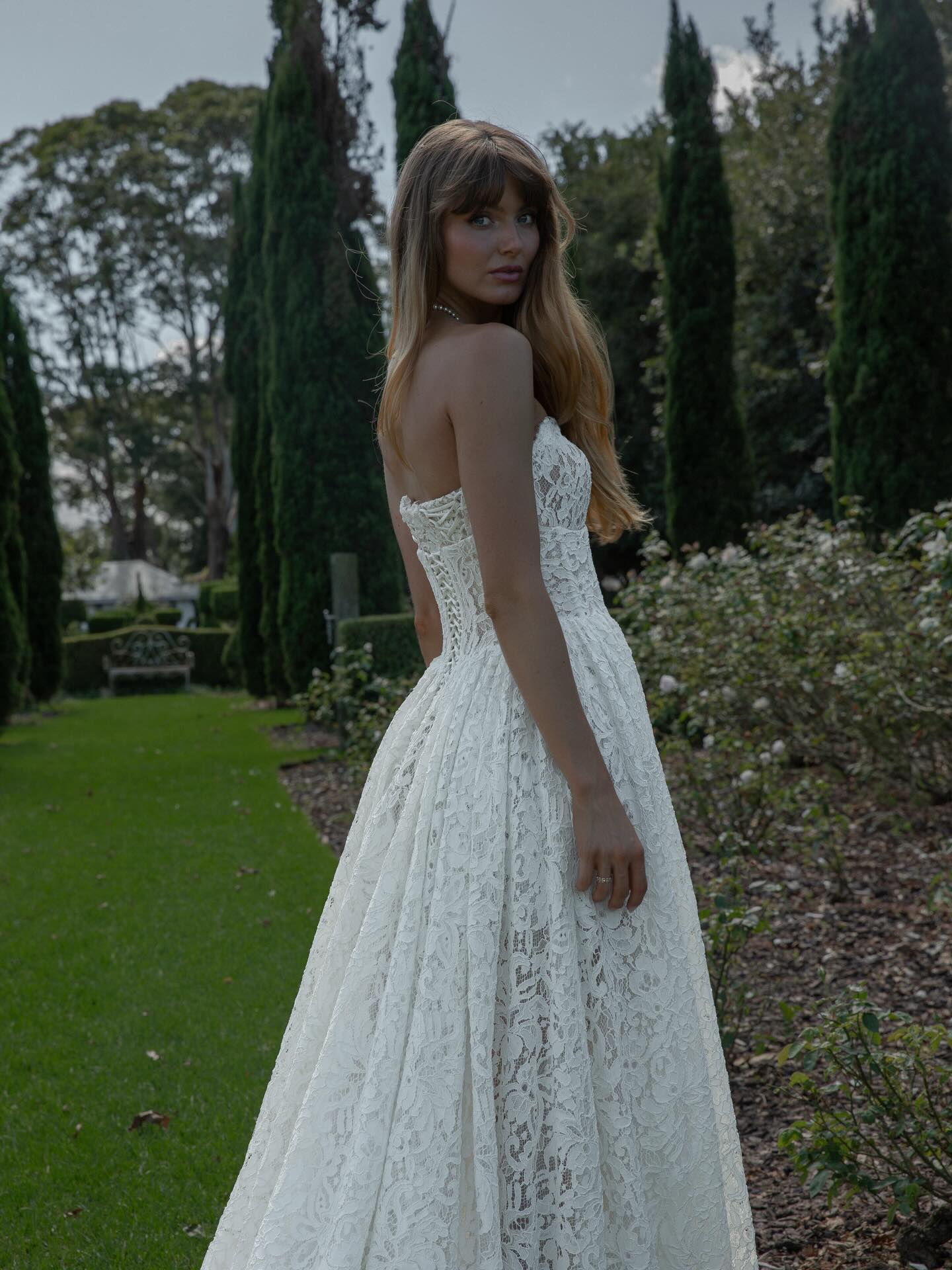 Glamorous Off White All Over Lace Strapless Floor Sweep Train Wedding Dress SW727 Sheer Fairy