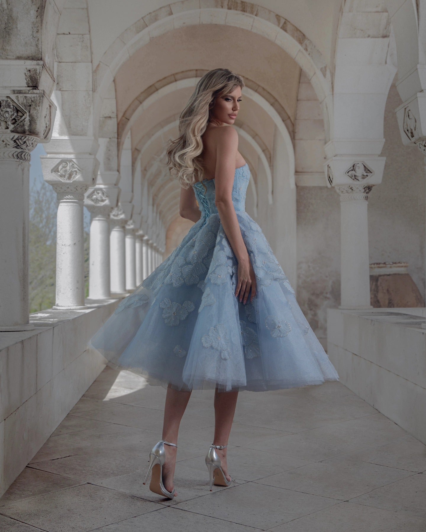 Elegant Blue Strapless Lace-Up Corset 3D Floral Midi Ballgown Homecoming Dress RM232 Sheer Fairy