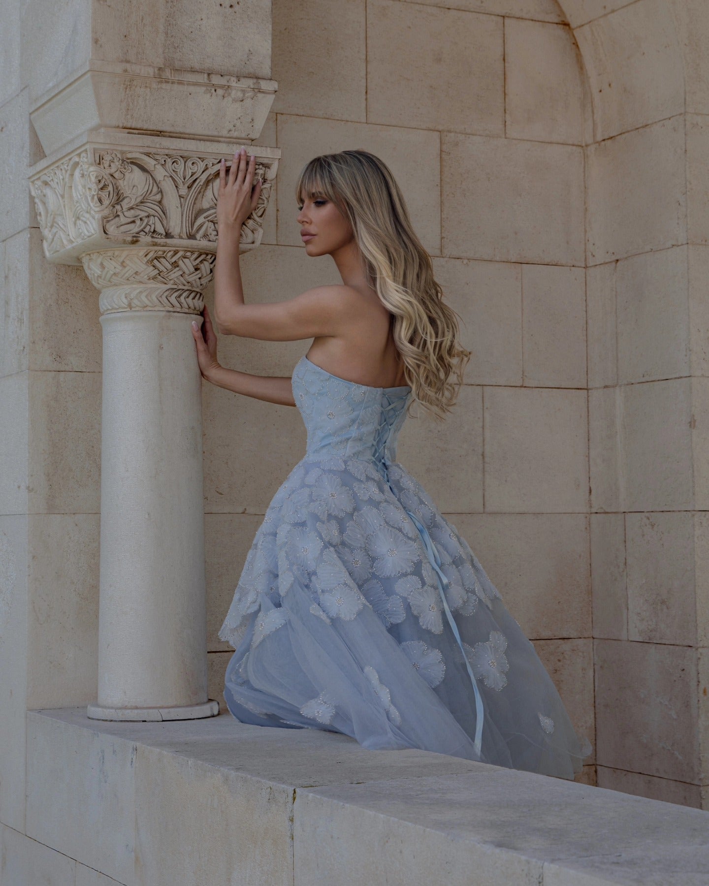 Elegant Blue Strapless Lace-Up Corset 3D Floral Midi Ballgown Homecoming Dress RM232 Sheer Fairy