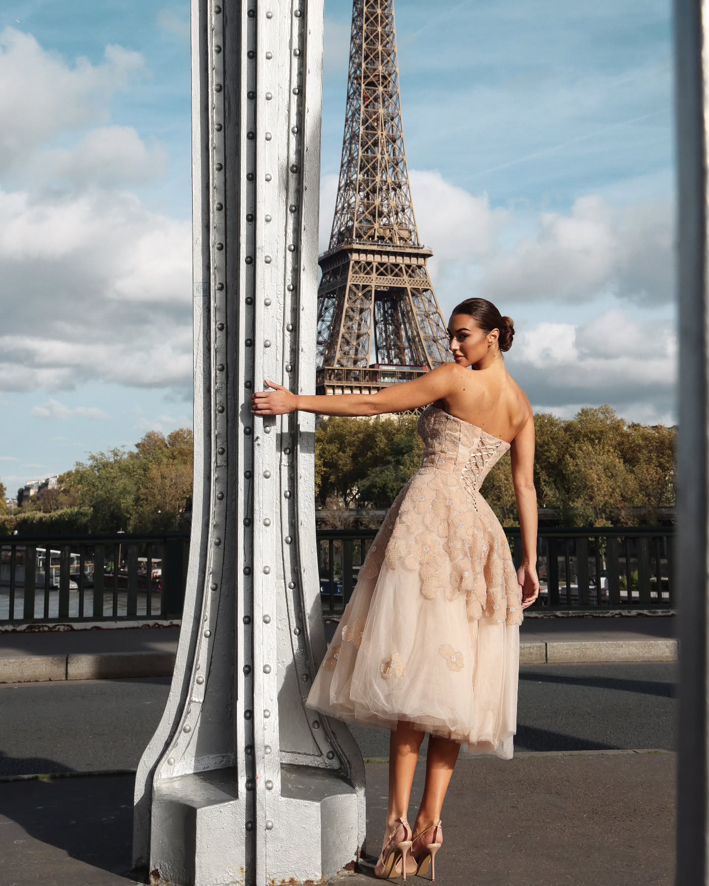 Glamorous Champagne Multi-Layer Tulle Floral Beaded Strapless Midi Homecoming Dress RM231 Sheer Fairy