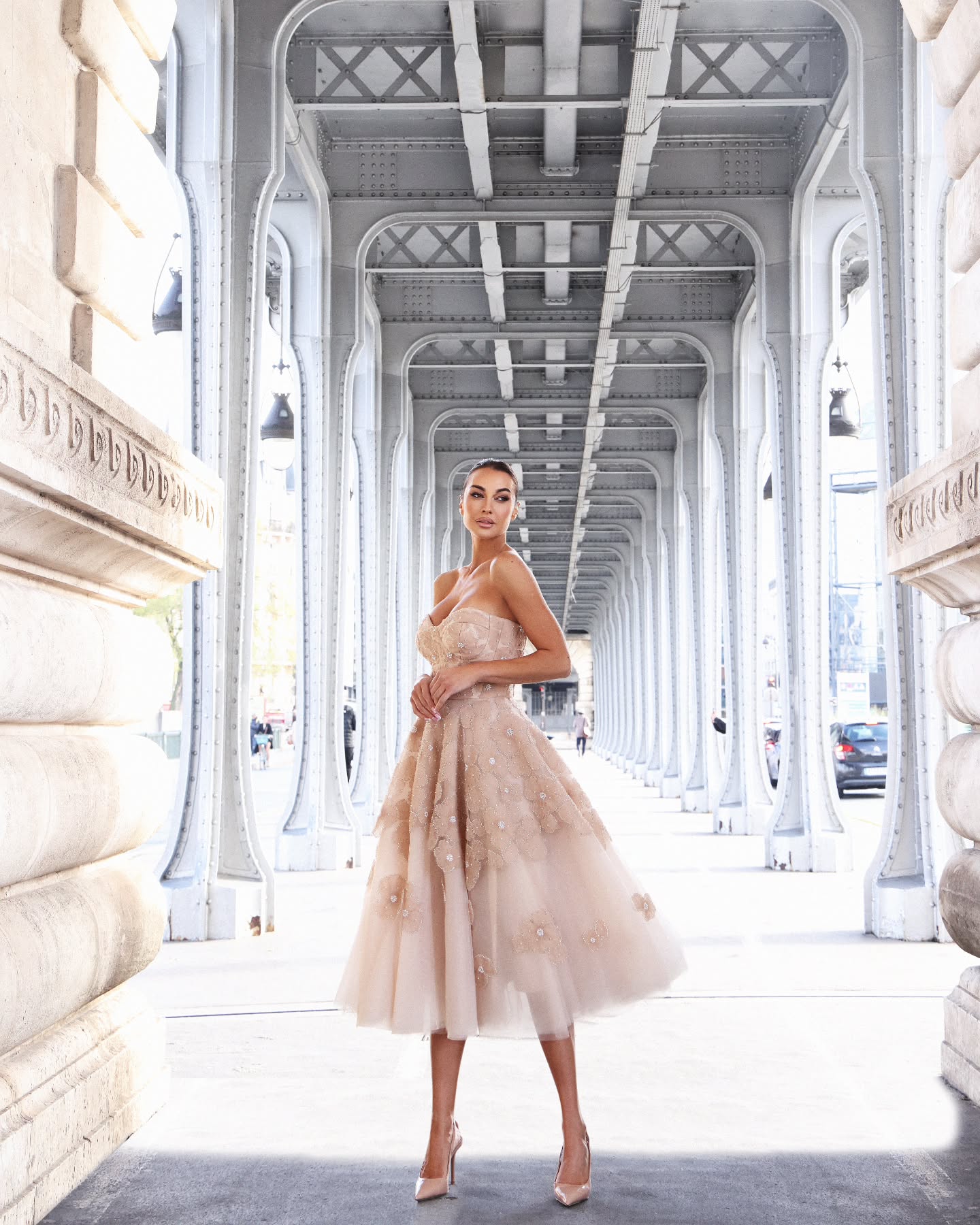 Glamorous Champagne Multi-Layer Tulle Floral Beaded Strapless Midi Homecoming Dress RM231 Sheer Fairy