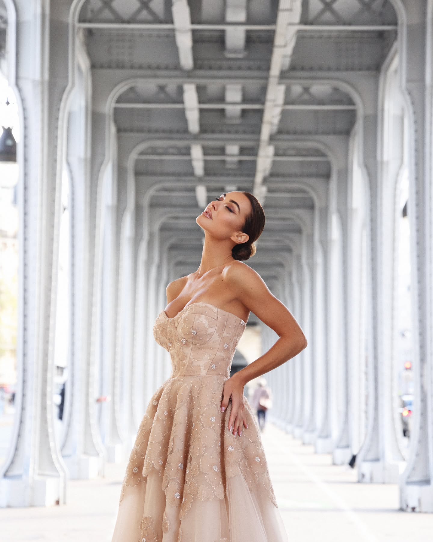 Glamorous Champagne Multi-Layer Tulle Floral Beaded Strapless Midi Homecoming Dress RM231 Sheer Fairy