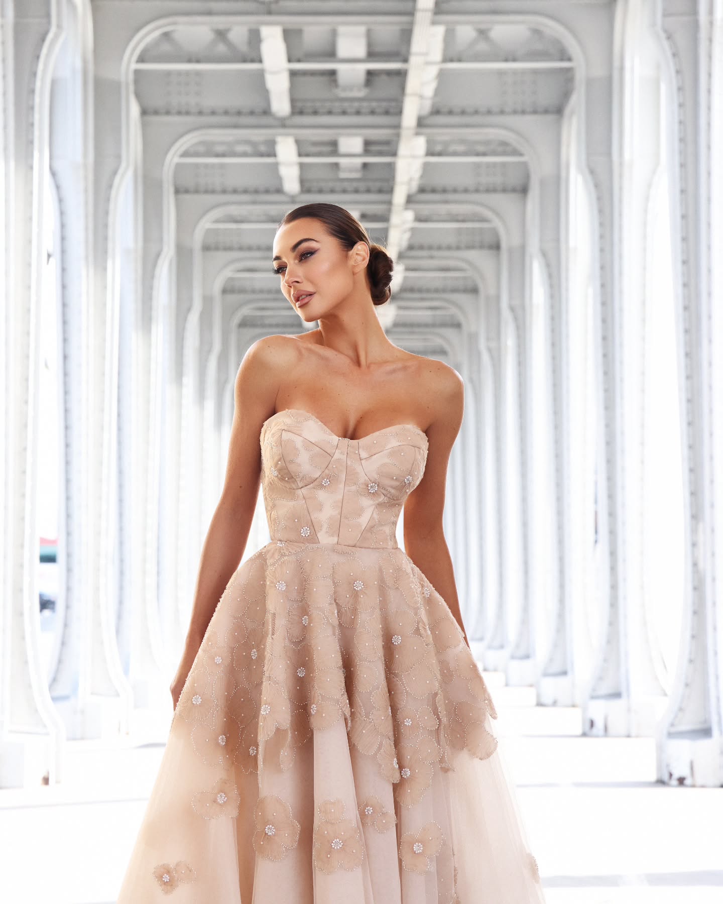 Glamorous Champagne Multi-Layer Tulle Floral Beaded Strapless Midi Homecoming Dress RM231 Sheer Fairy