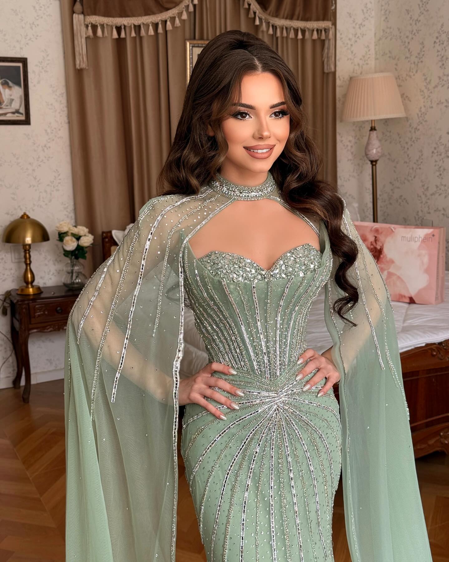 Luxury Mint Green Beaded Mermaid Evening Dress with Cape SS156 Sheer Fairy