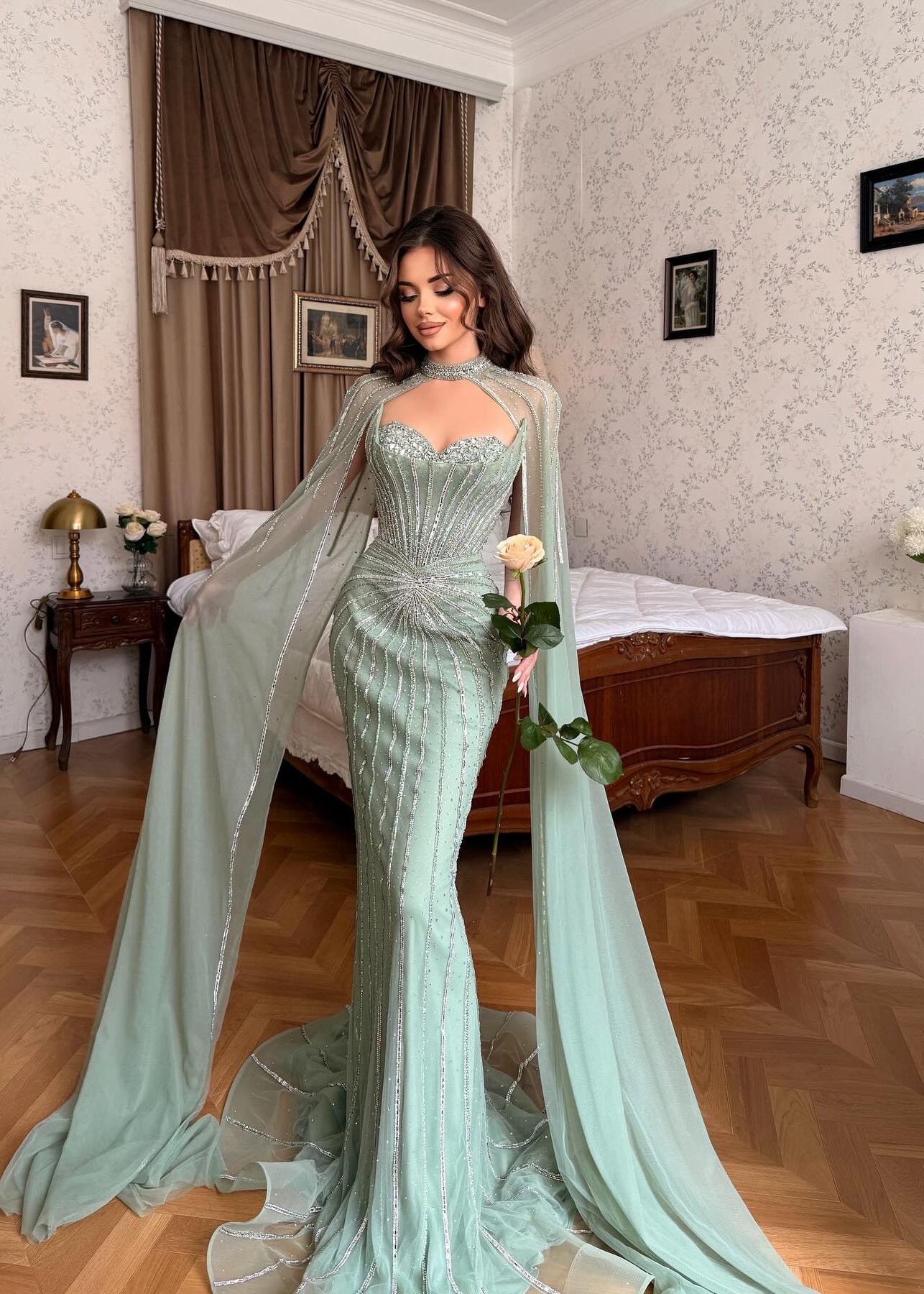 Luxury Mint Green Beaded Mermaid Evening Dress with Cape SS156 Sheer Fairy