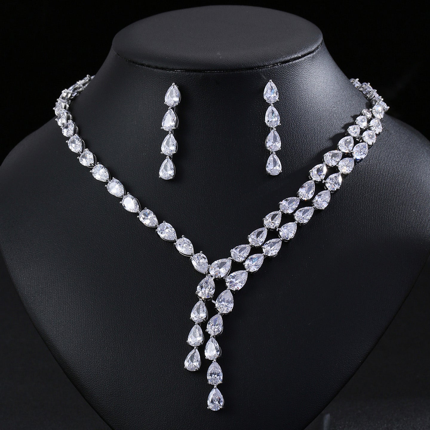Teardrop Zircon Necklace Earrings Jewelry JW003