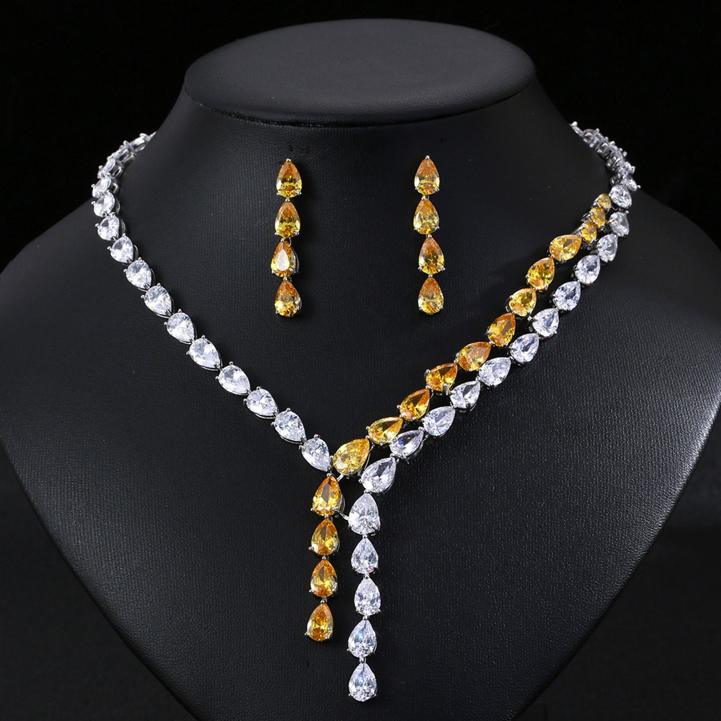 Teardrop Zircon Necklace Earrings Jewelry JW003