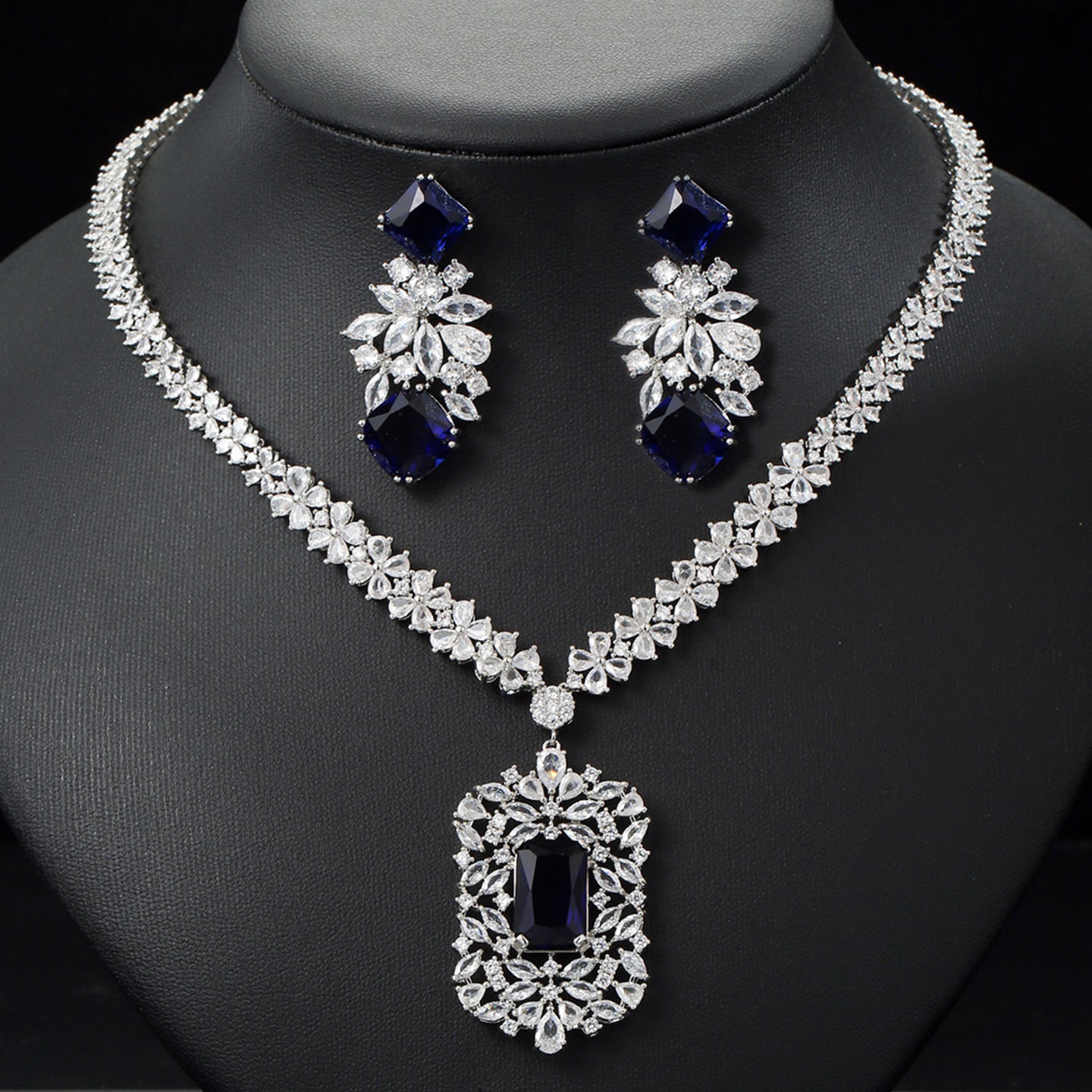 Floral Rectangular Zircon Necklace Earring Set JW005