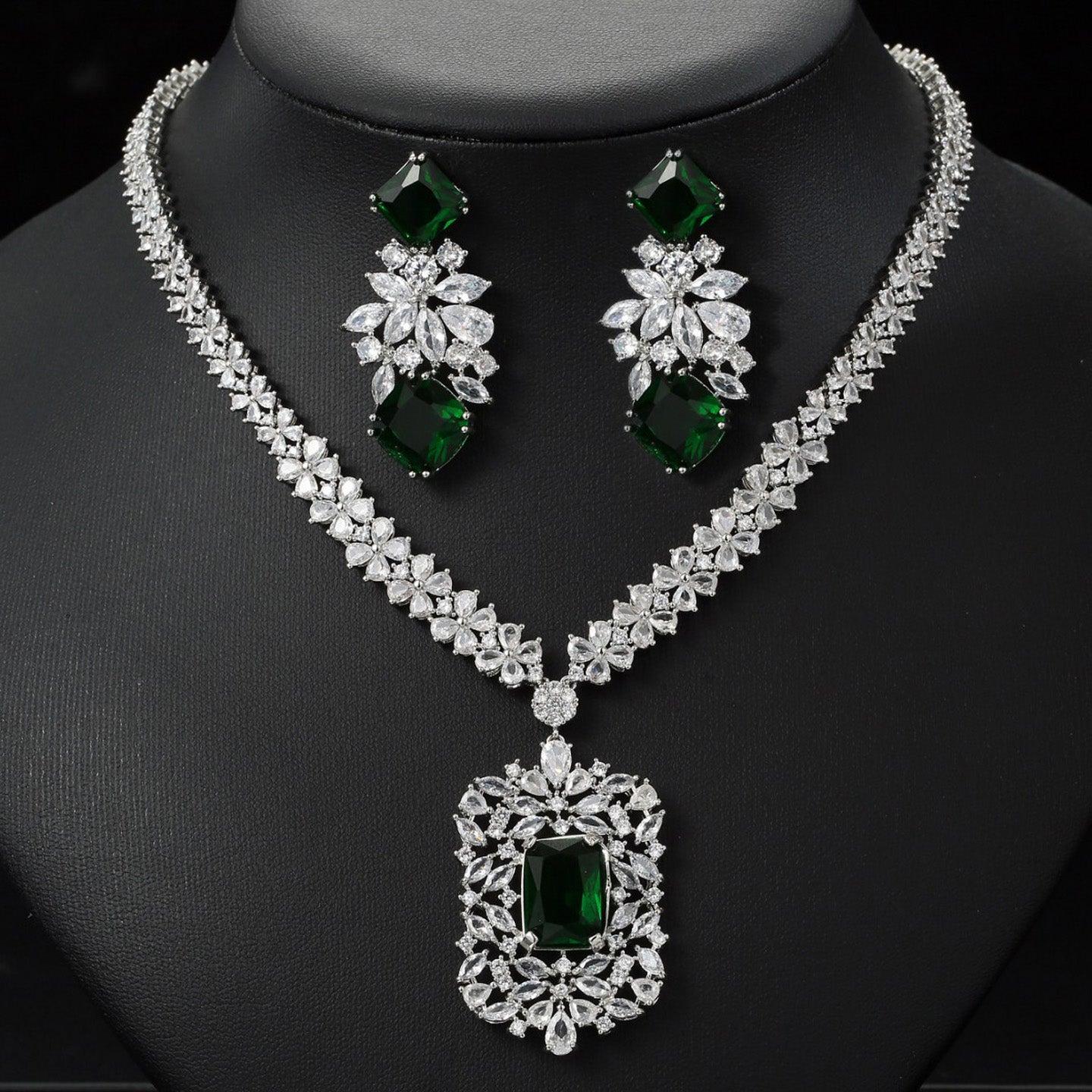 Floral Rectangular Zircon Necklace Earring Set JW005