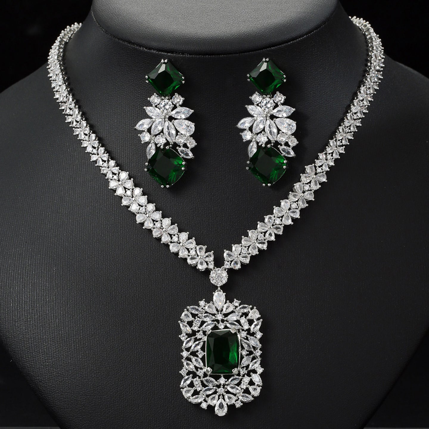 Floral Rectangular Zircon Necklace Earring Set JW005