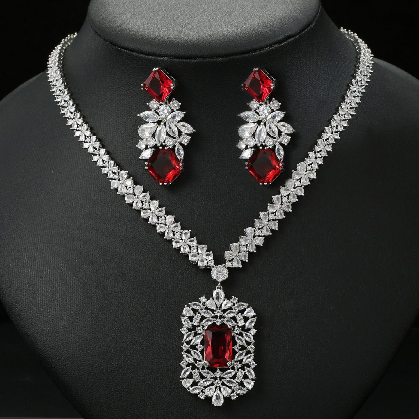 Floral Rectangular Zircon Necklace Earring Set JW005
