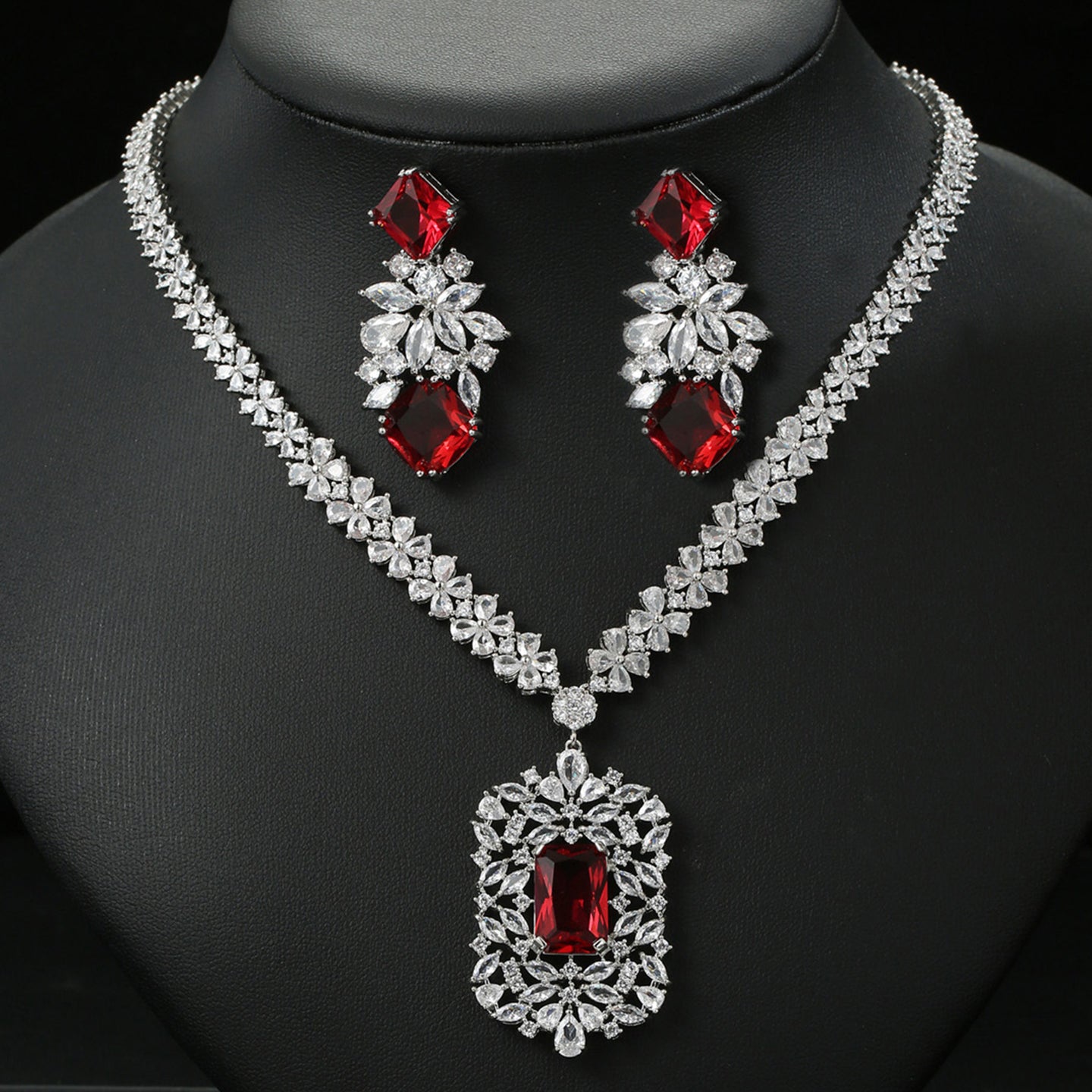 Floral Rectangular Zircon Necklace Earring Set JW005