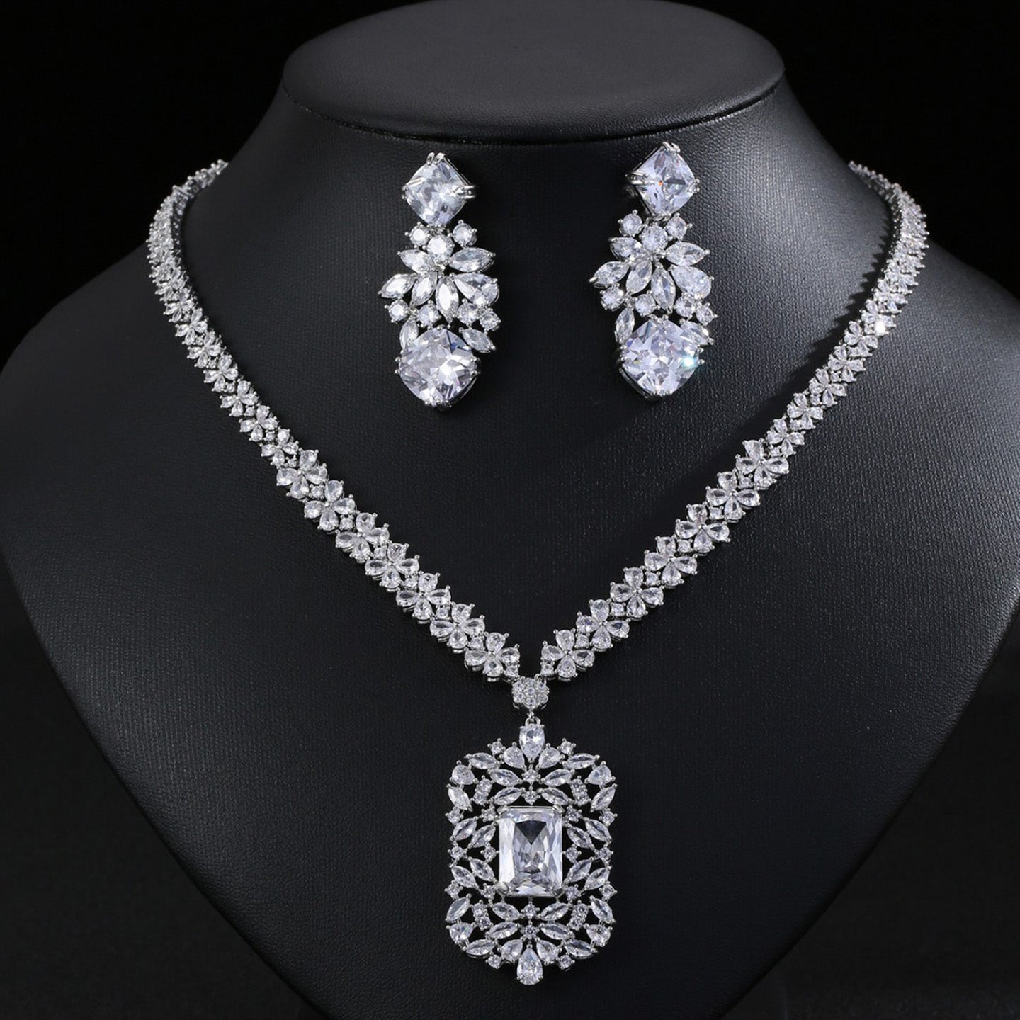 Floral Rectangular Zircon Necklace Earring Set JW005