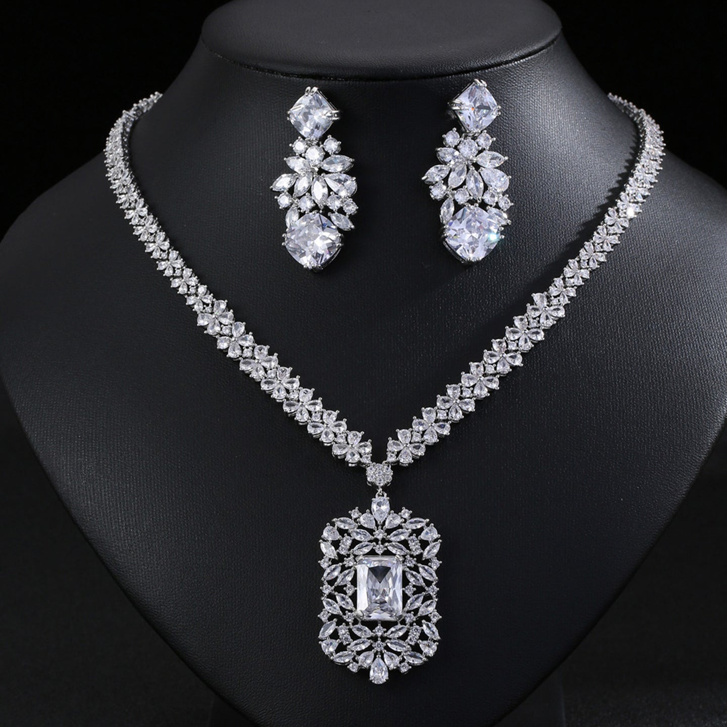 Floral Rectangular Zircon Necklace Earring Set JW005