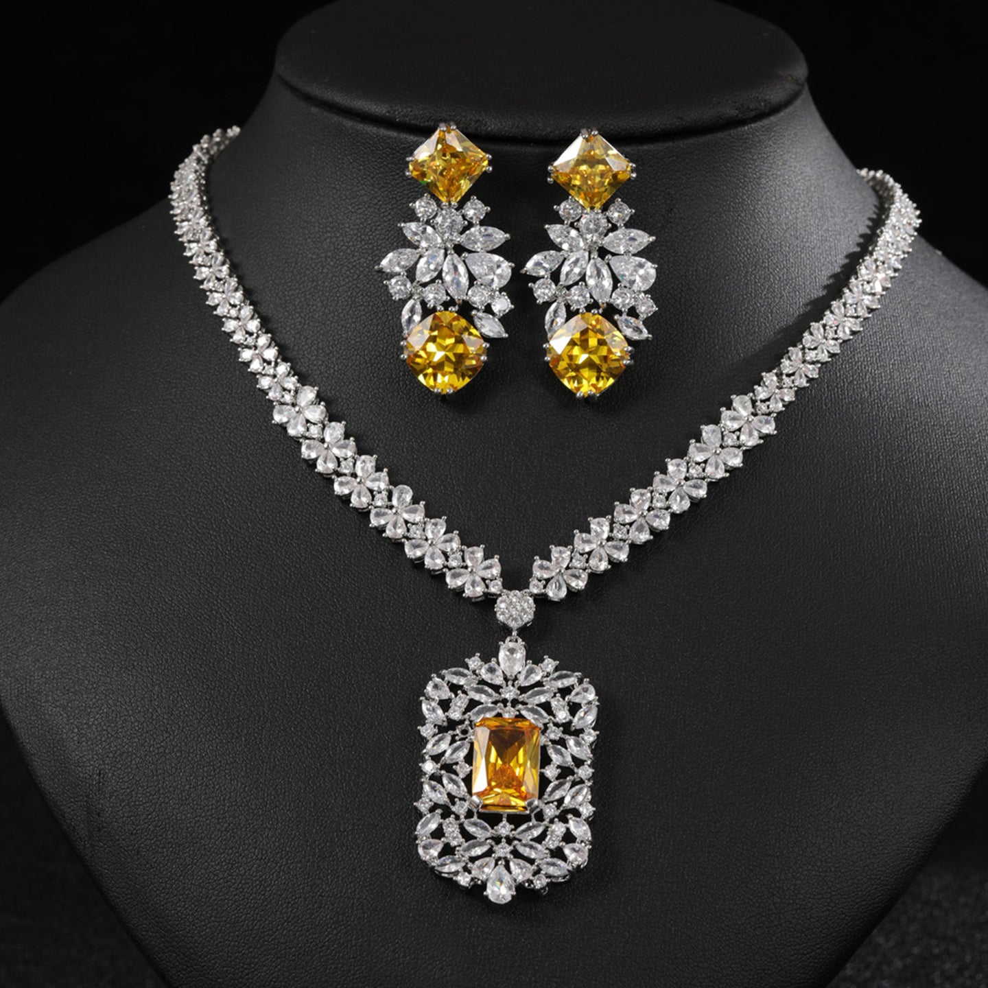 Floral Rectangular Zircon Necklace Earring Set JW005