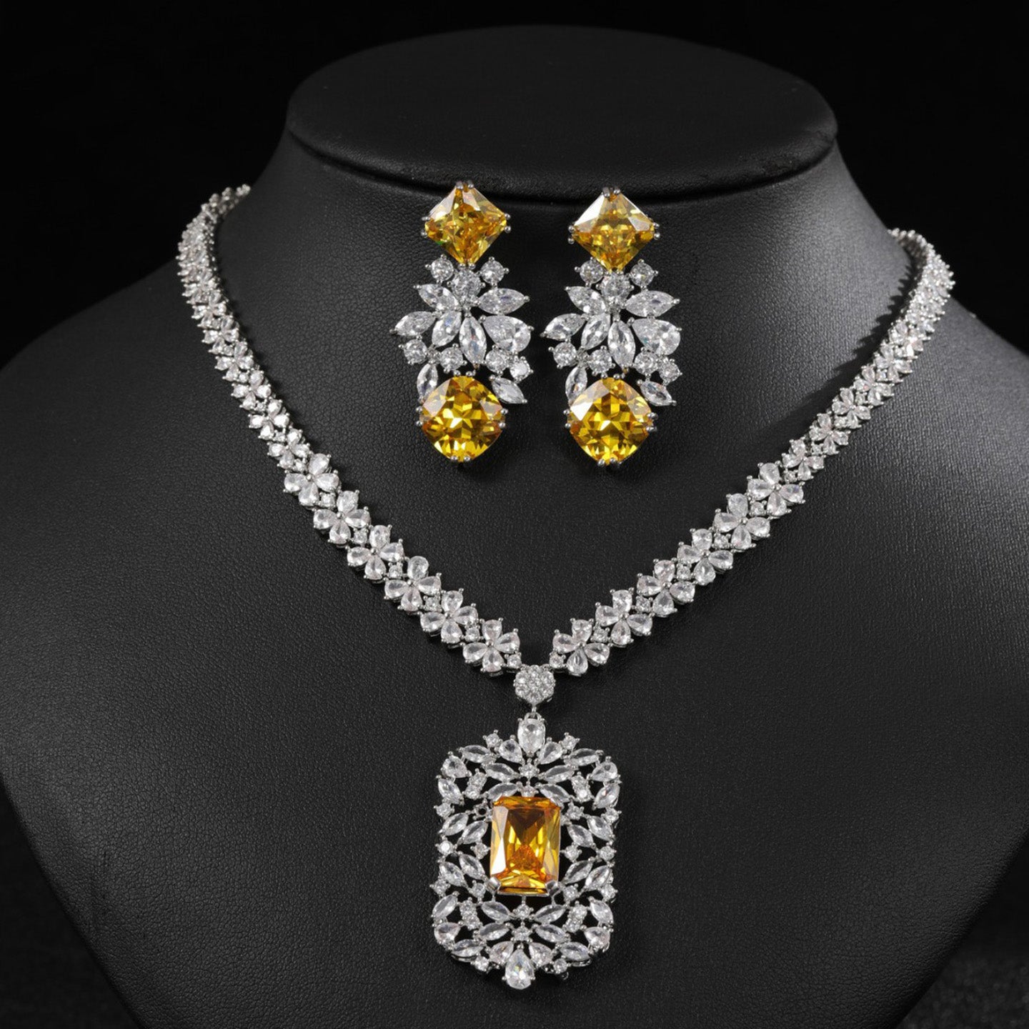 Floral Rectangular Zircon Necklace Earring Set JW005