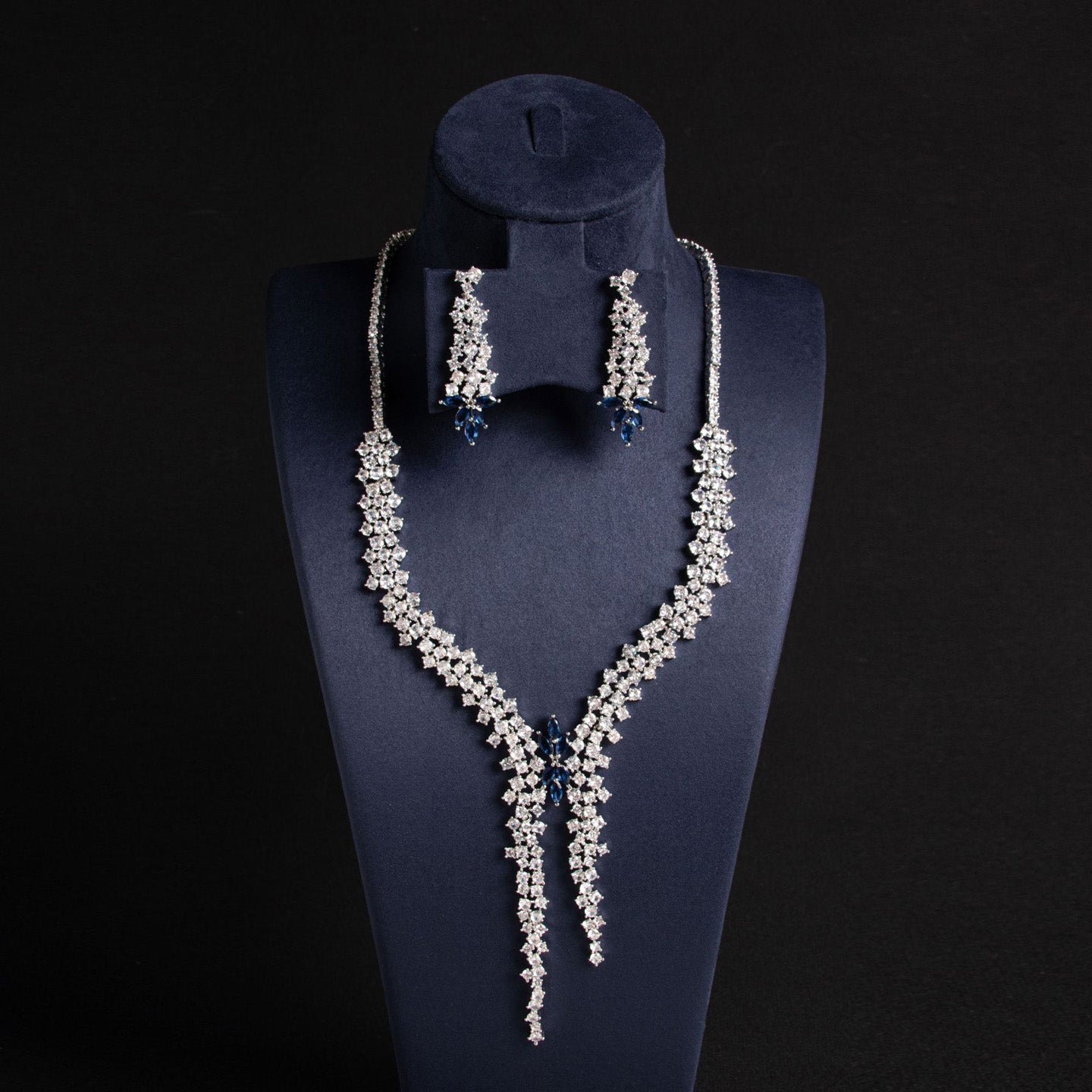 Floral Diamond Long Pendant Necklace Set JW008