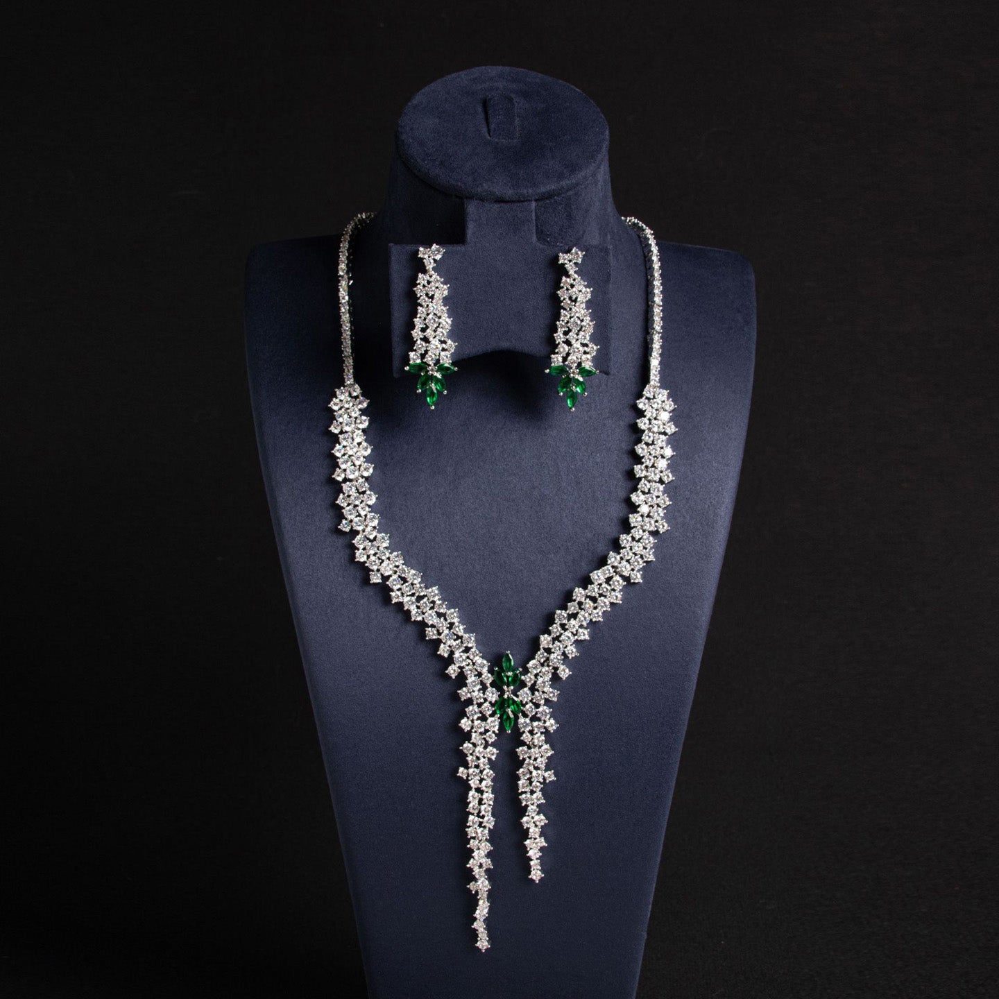 Floral Diamond Long Pendant Necklace Set JW008