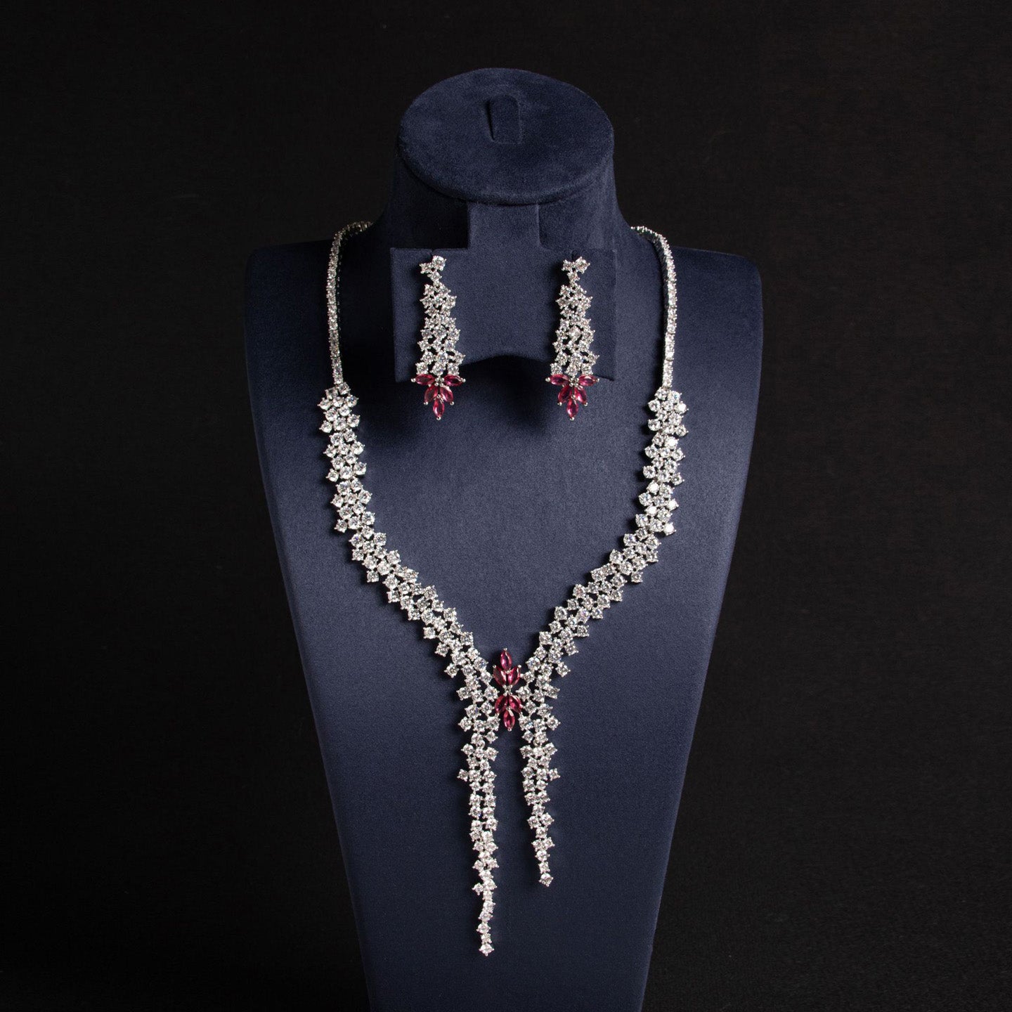 Floral Diamond Long Pendant Necklace Set JW008