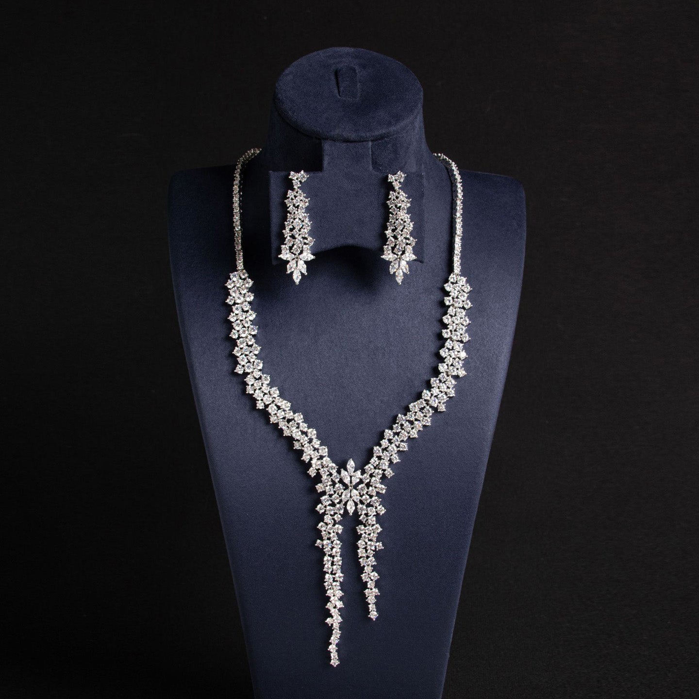 Floral Diamond Long Pendant Necklace Set JW008