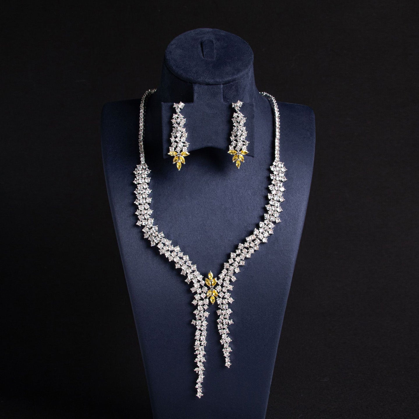Floral Diamond Long Pendant Necklace Set JW008