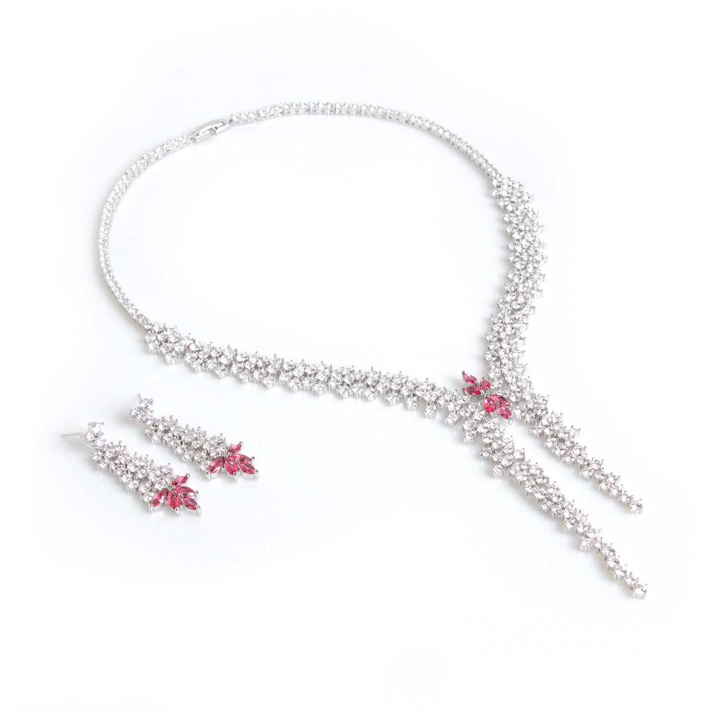 Floral Diamond Long Pendant Necklace Set JW008