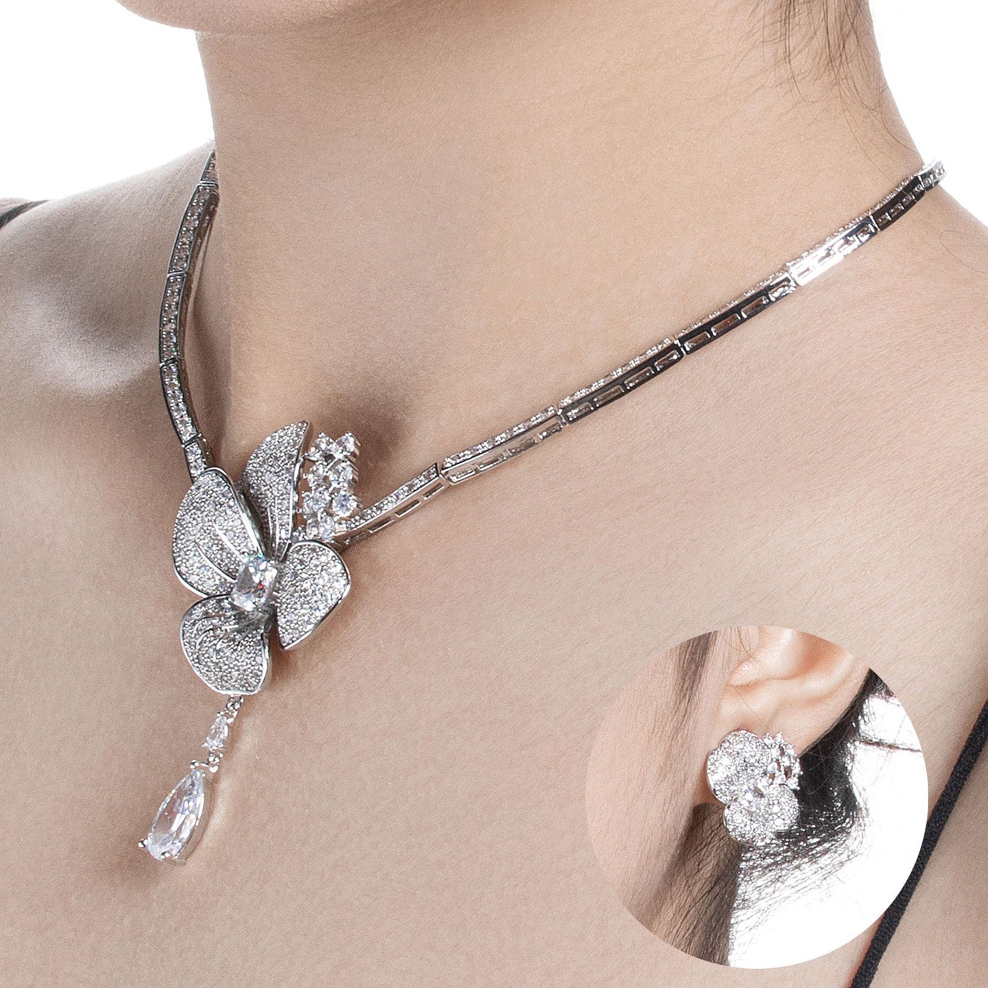 Luxury High-end Floral Zircon Necklace Set JW011