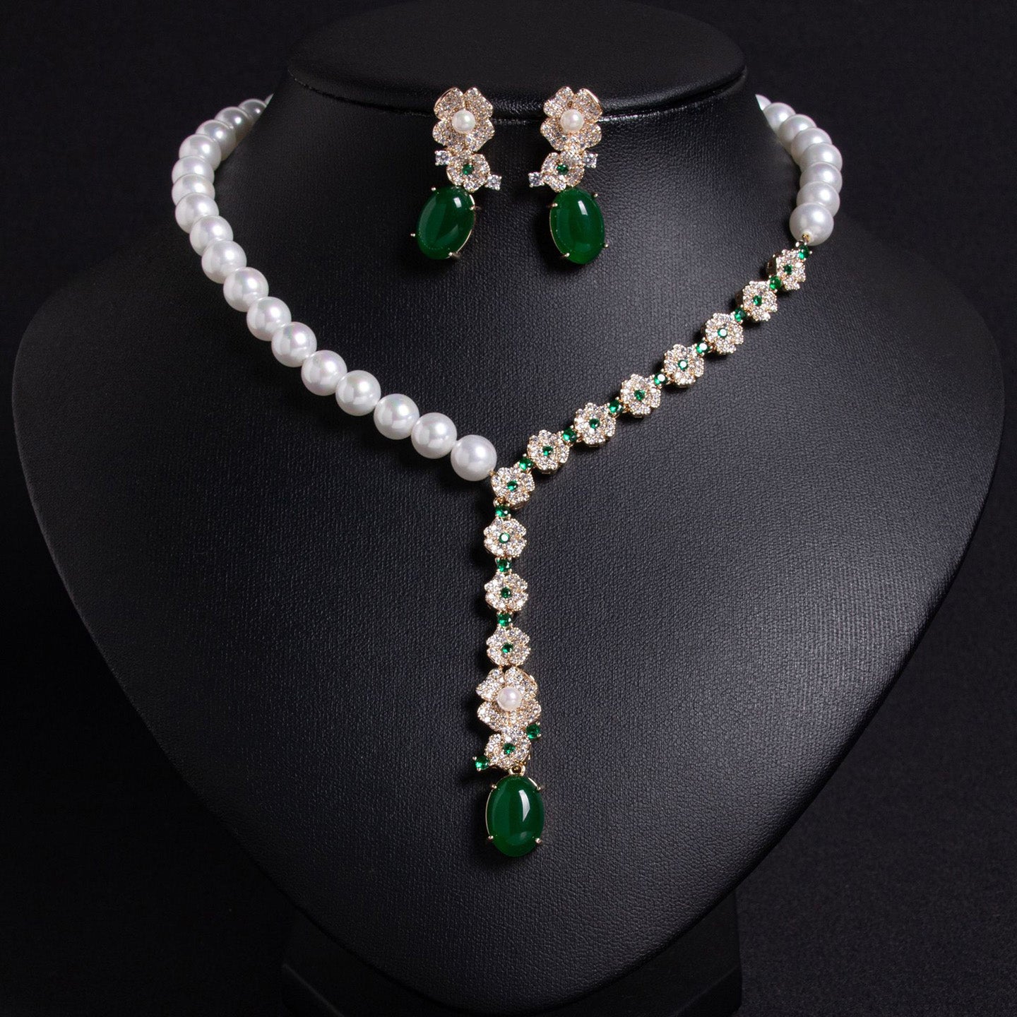 Pearl & Emerald Crystal Statement Jewelry Set JW019