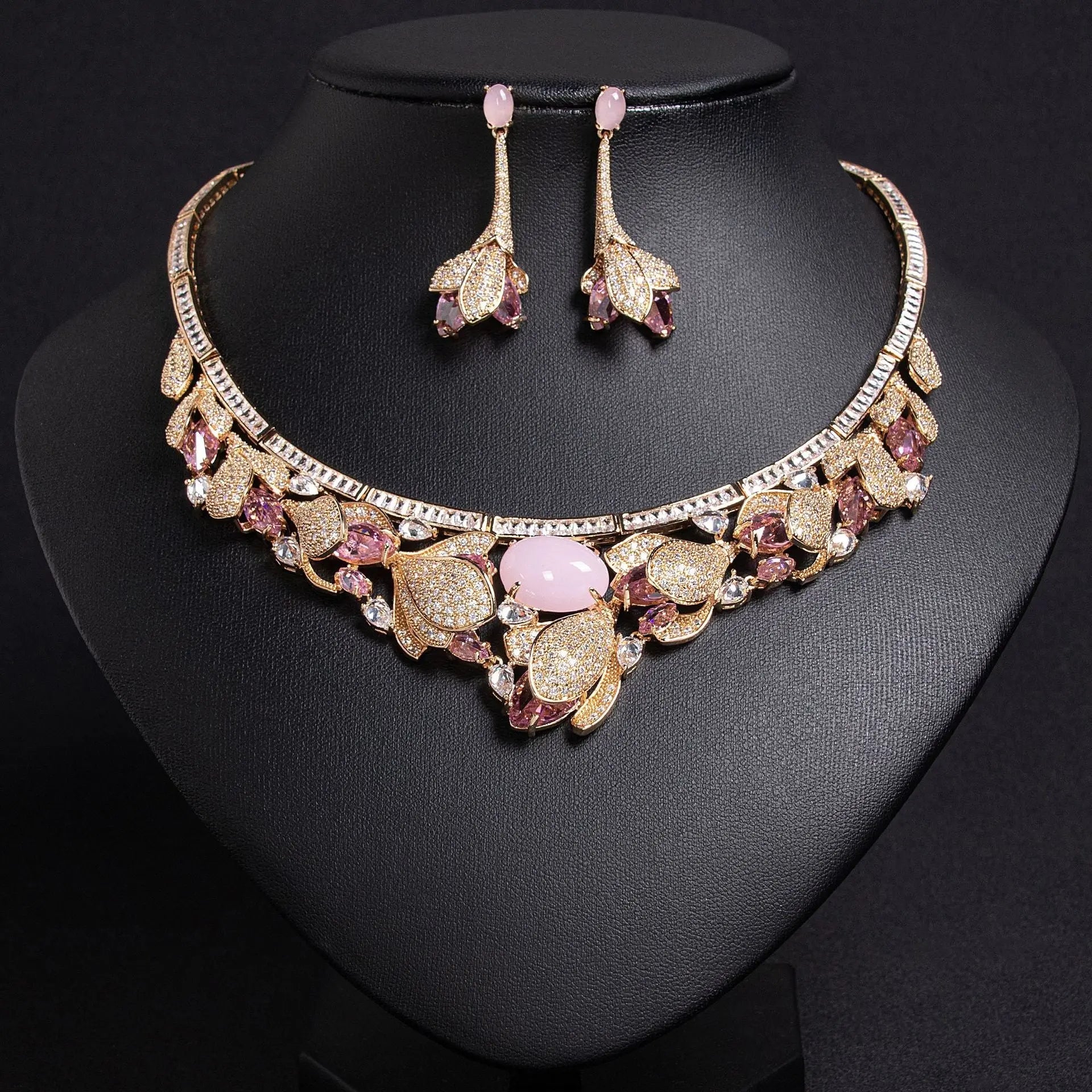 Leaf Motif Gold and Red Crystal Bridal Jewelry Set JW029 Sheer Fairy