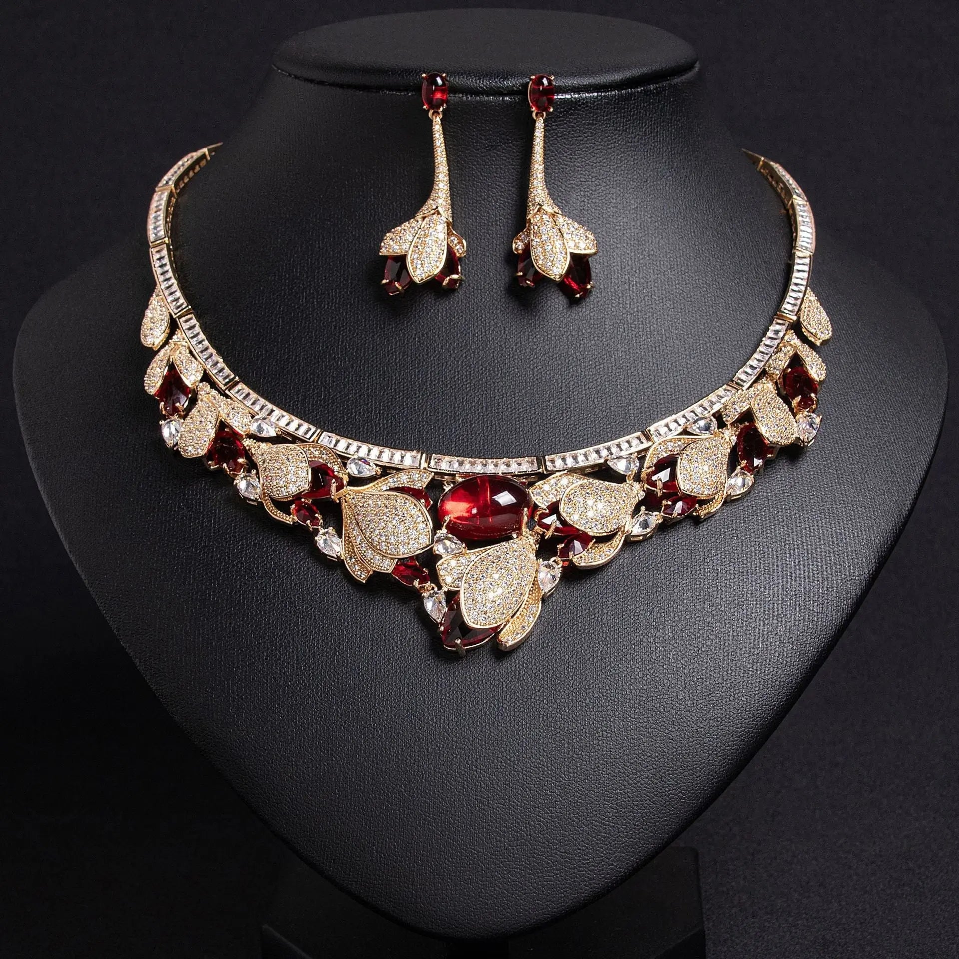 Leaf Motif Gold and Red Crystal Bridal Jewelry Set JW029 Sheer Fairy