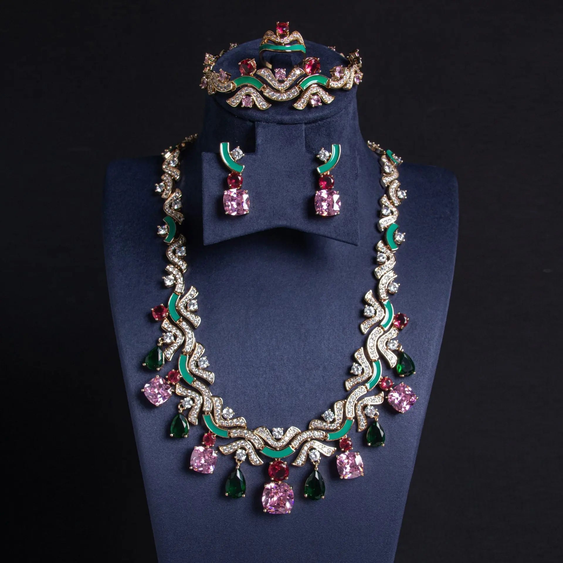 Floral Vine Pink and Green Crystal Bridal Jewelry Set JW030 Sheer Fairy