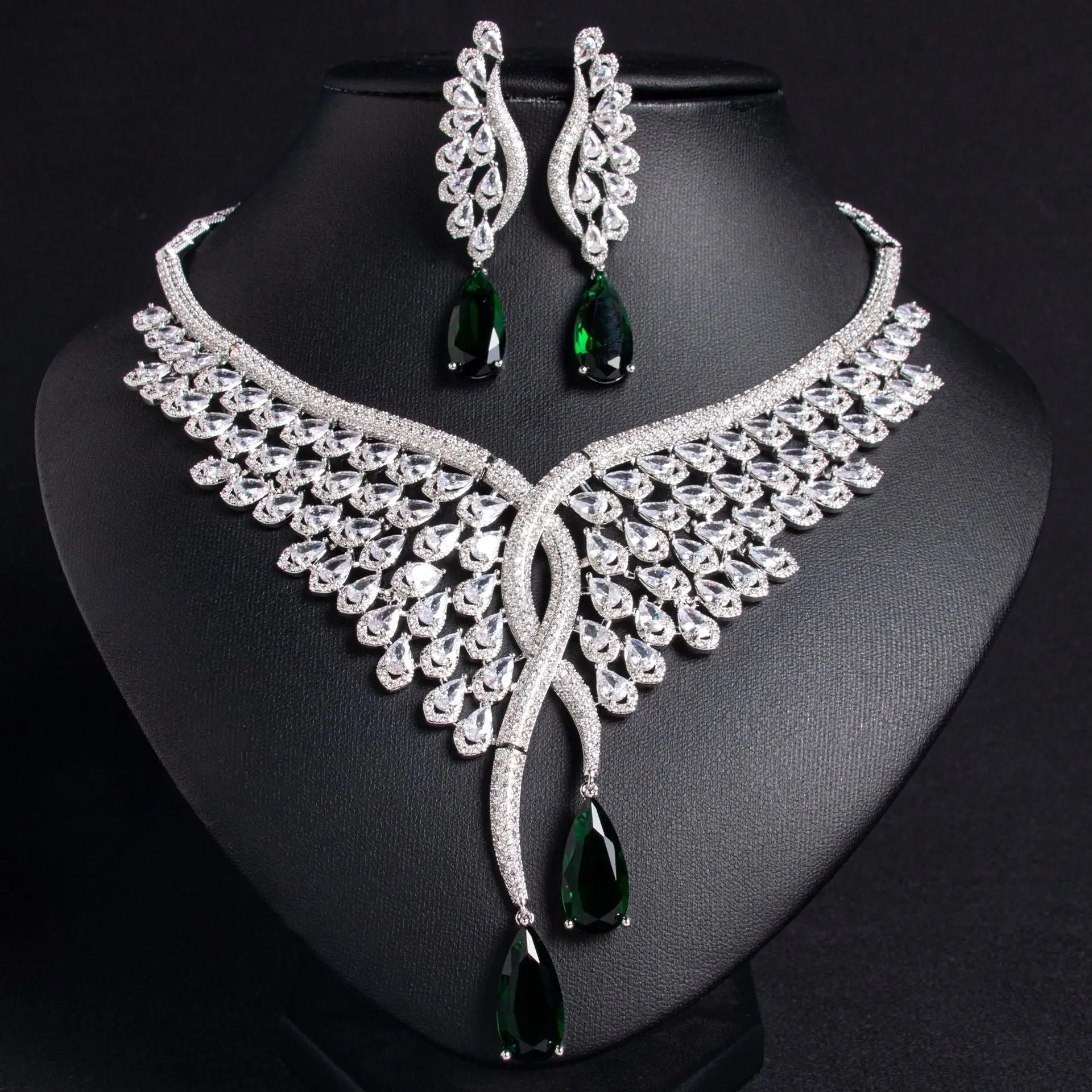 Green Wing Motif  Crystal Bridal Jewelry Set JW031 Sheer Fairy
