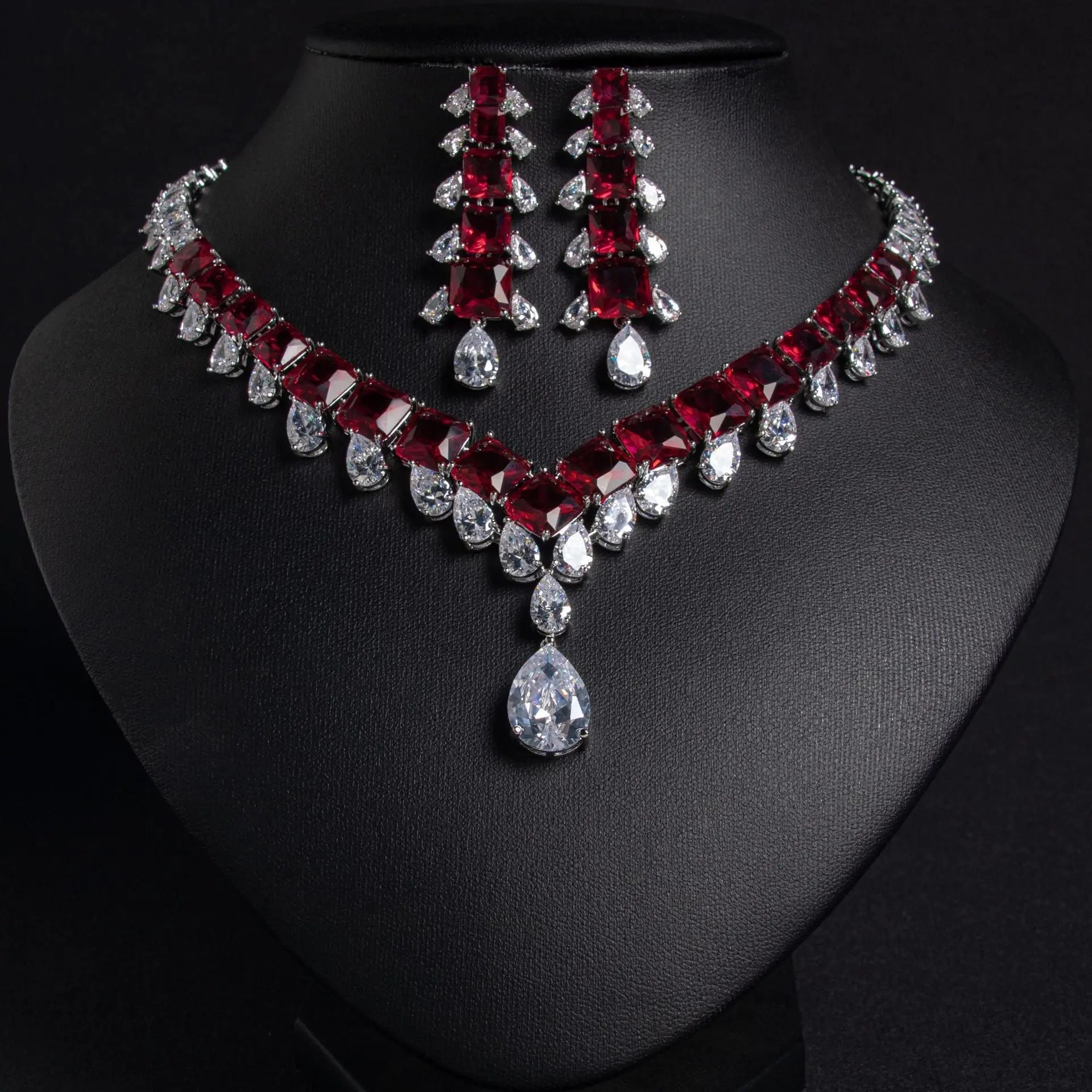 Red Crystal Bridal V-Shaped Jewelry Set JW036 Sheer Fairy