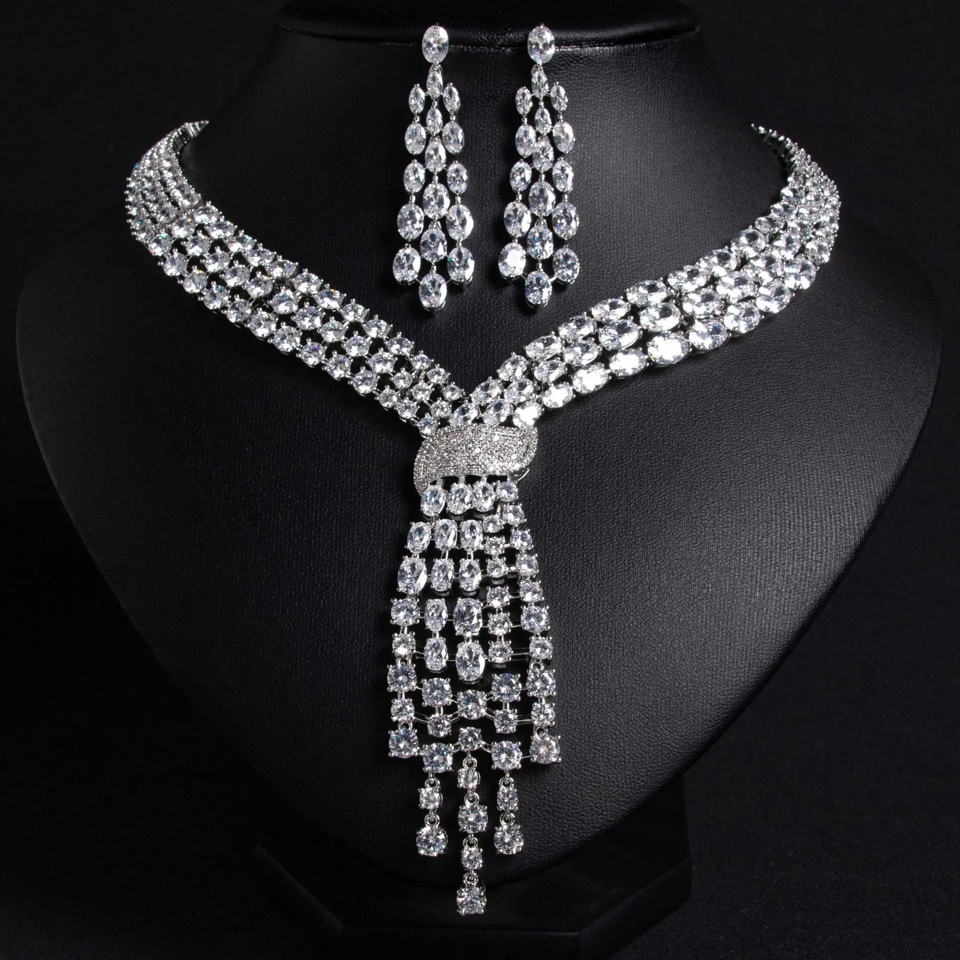 Multi-layered Tassel Silver Crystal Tassel Bridal Jewelry Set JW038 Sheer Fairy