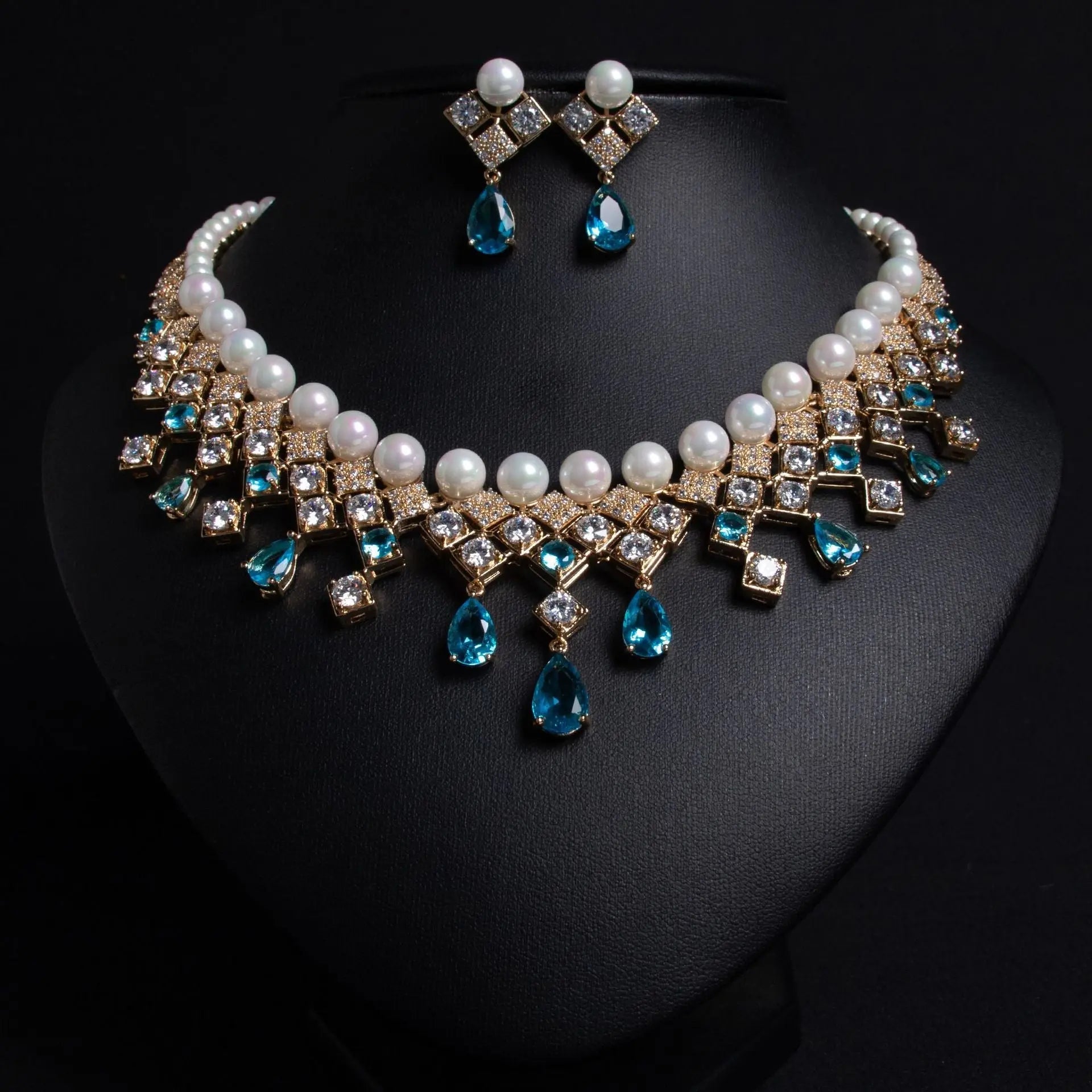 Modern Sparkle Blue Crystal and Pearl Bridal Jewelry Set JW043 Sheer Fairy