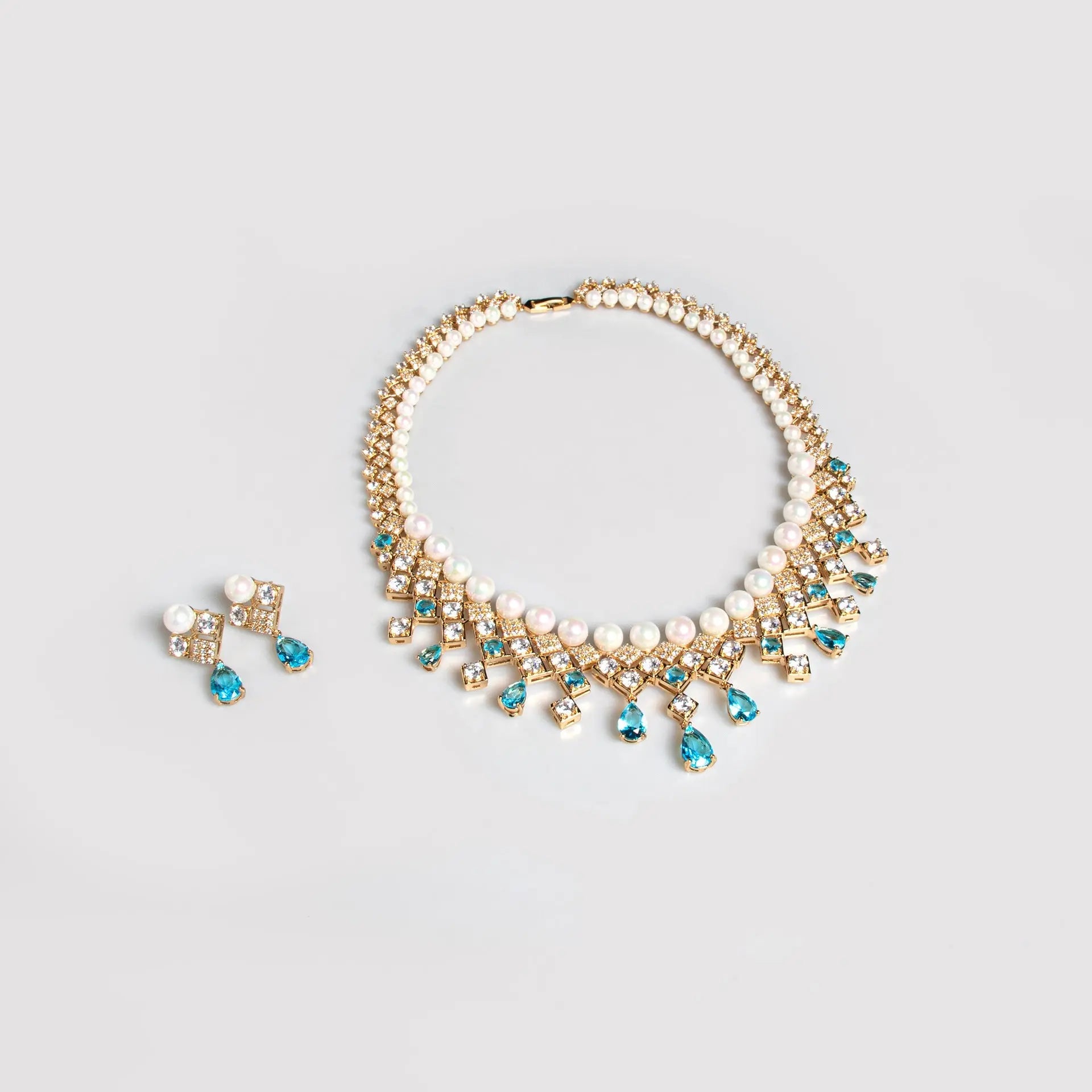 Modern Sparkle Blue Crystal and Pearl Bridal Jewelry Set JW043 Sheer Fairy