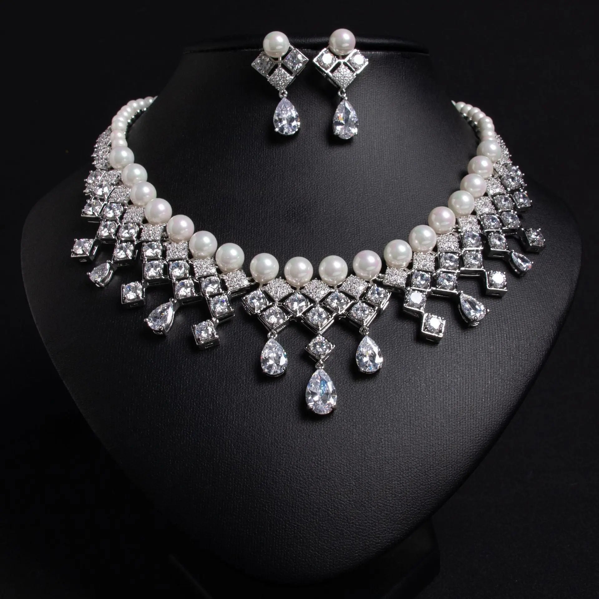 Modern Sparkle Blue Crystal and Pearl Bridal Jewelry Set JW043 Sheer Fairy