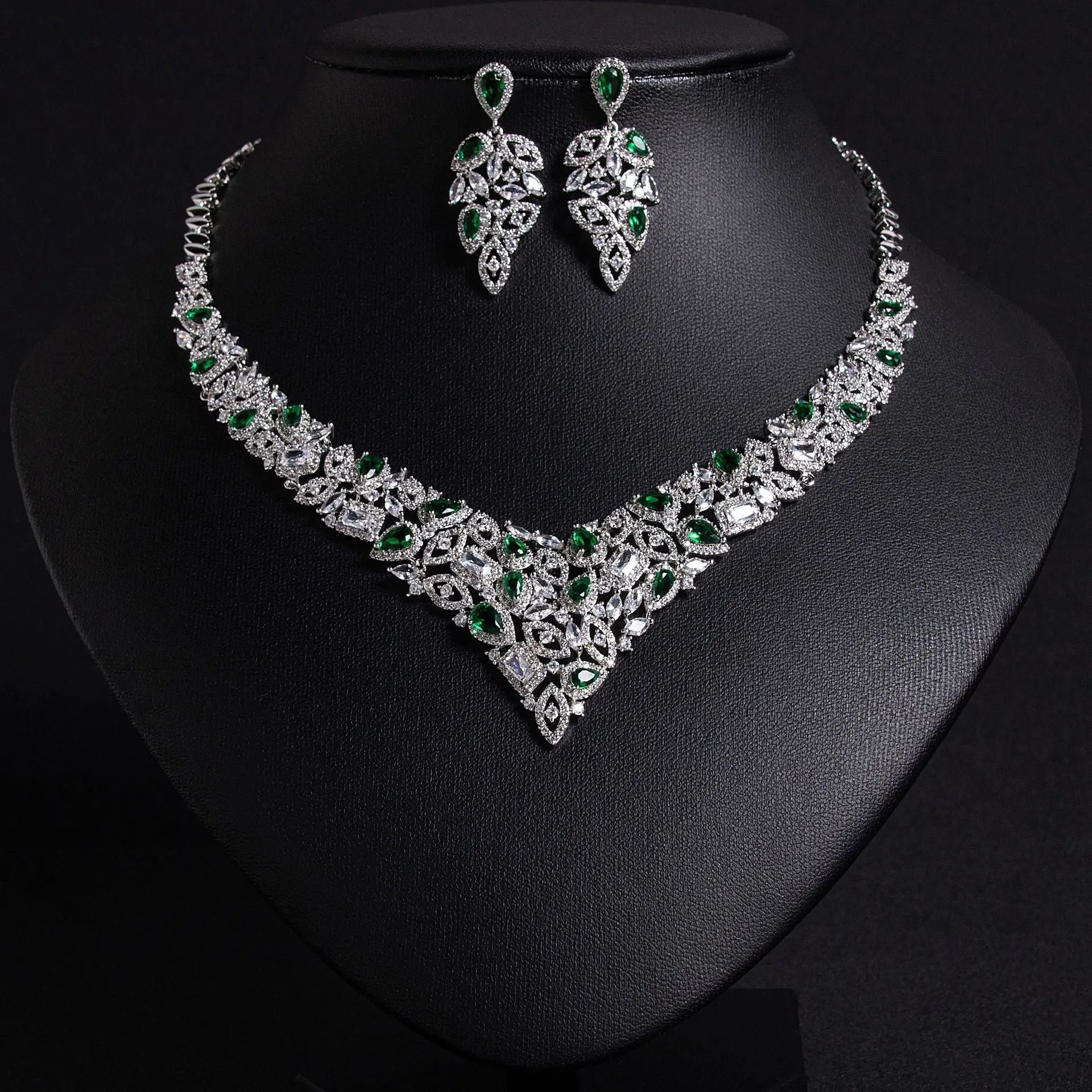 V-Shaped Floral Silver Crystal Bridal Jewelry Set JW047 Sheer Fairy