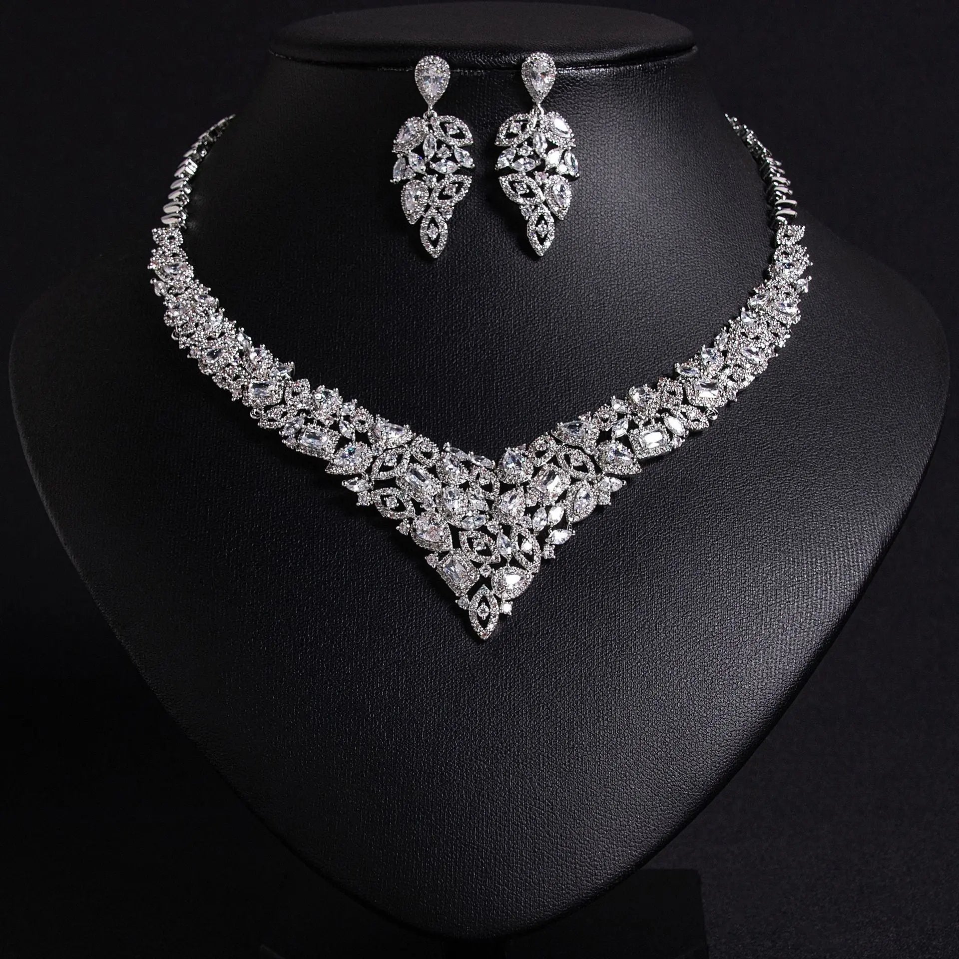 V-Shaped Floral Silver Crystal Bridal Jewelry Set JW047 Sheer Fairy