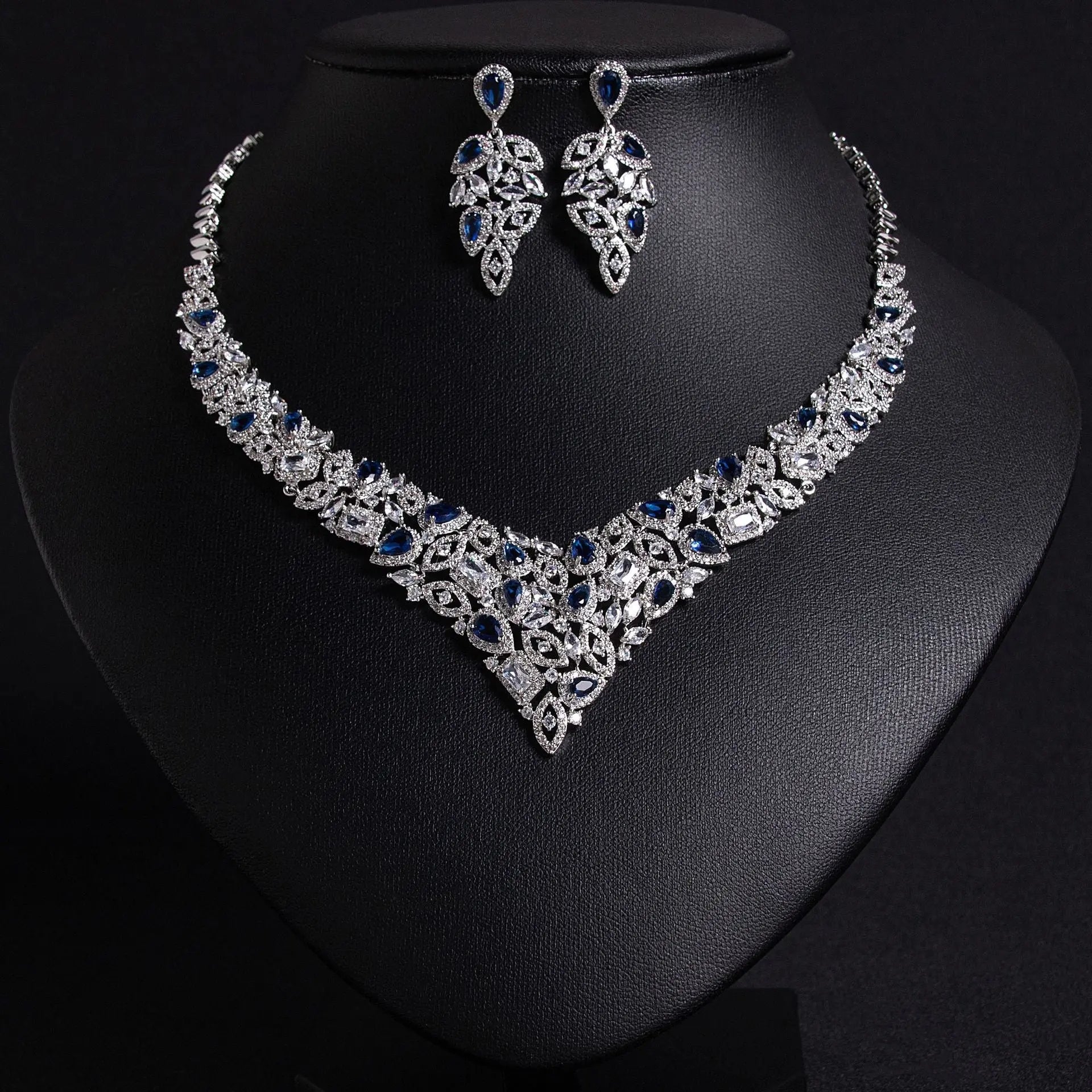 V-Shaped Floral Silver Crystal Bridal Jewelry Set JW047 Sheer Fairy